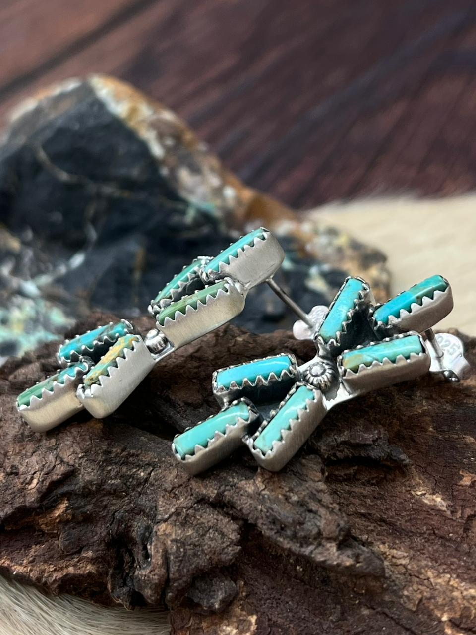 Handmade Sterling Silver Kingman Turquoise Studs Earrings "Signed Nizhoni"