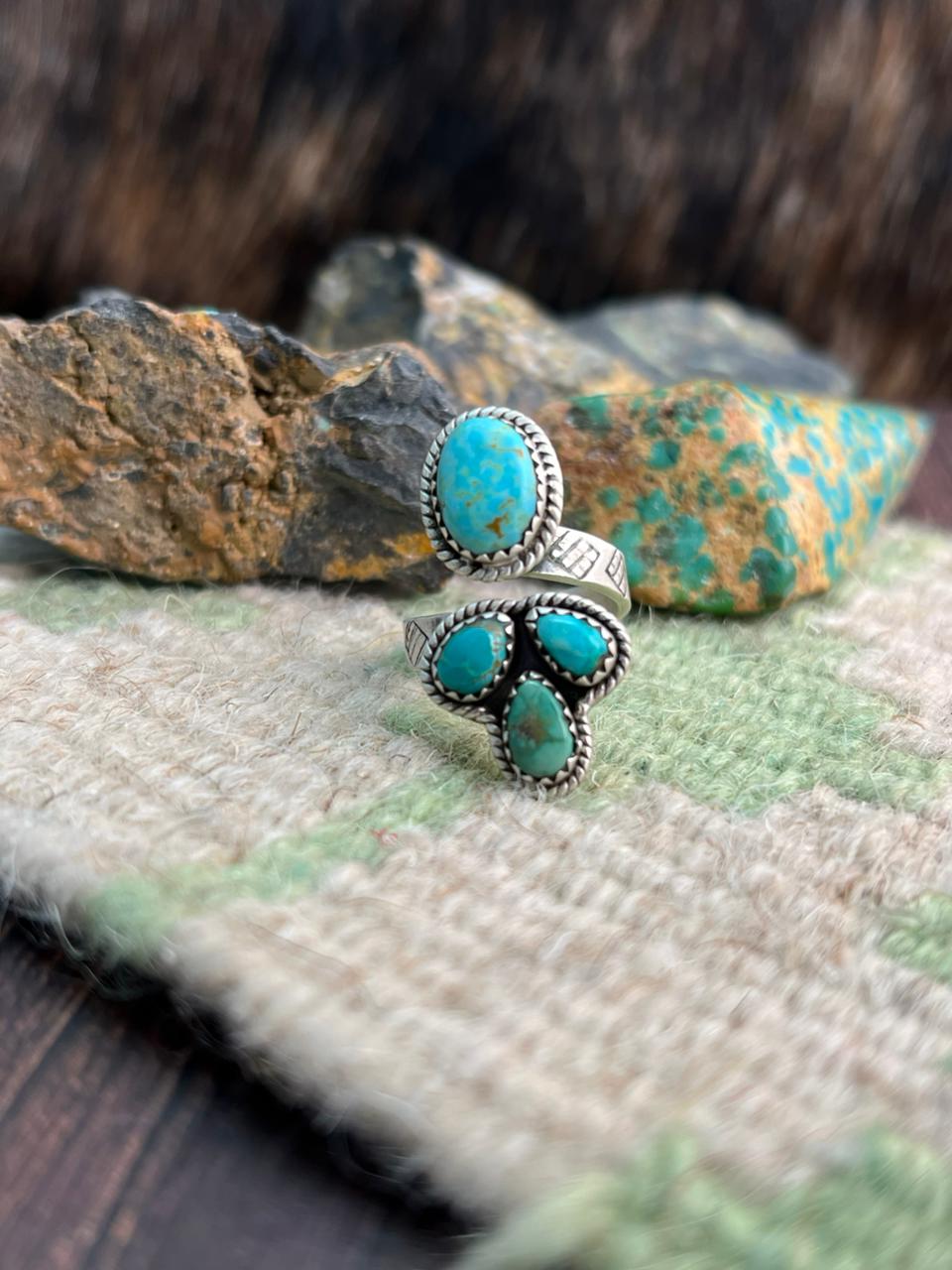 Handmade Sterling Silver Emerald Valley with Santa Maria Turquoise Adjustable Ring "Signed Nizhoni"