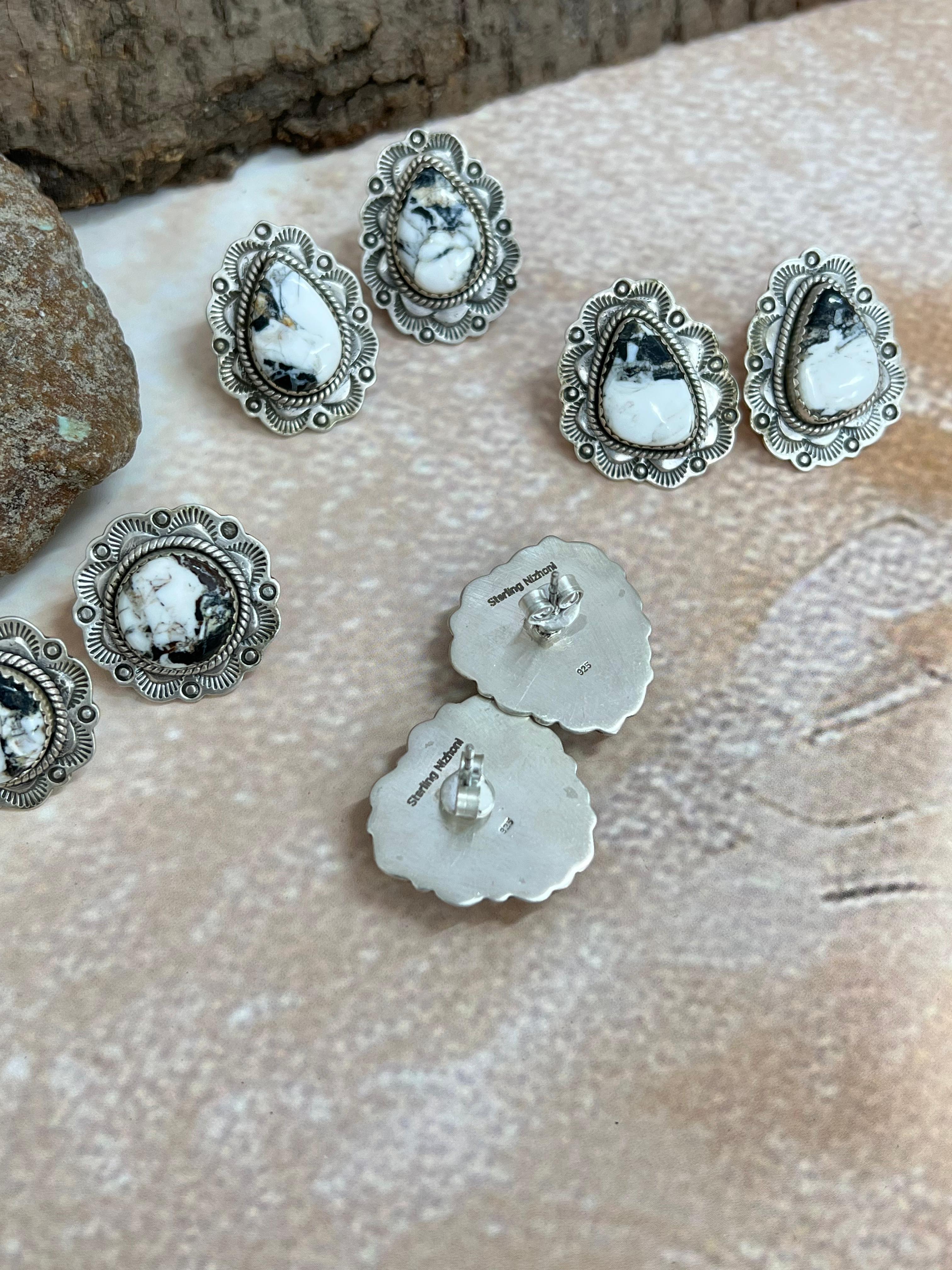 Handmade Sterling Silver White Buffalo Turquoise Post Earrings with Signed Nizhoni (9)
