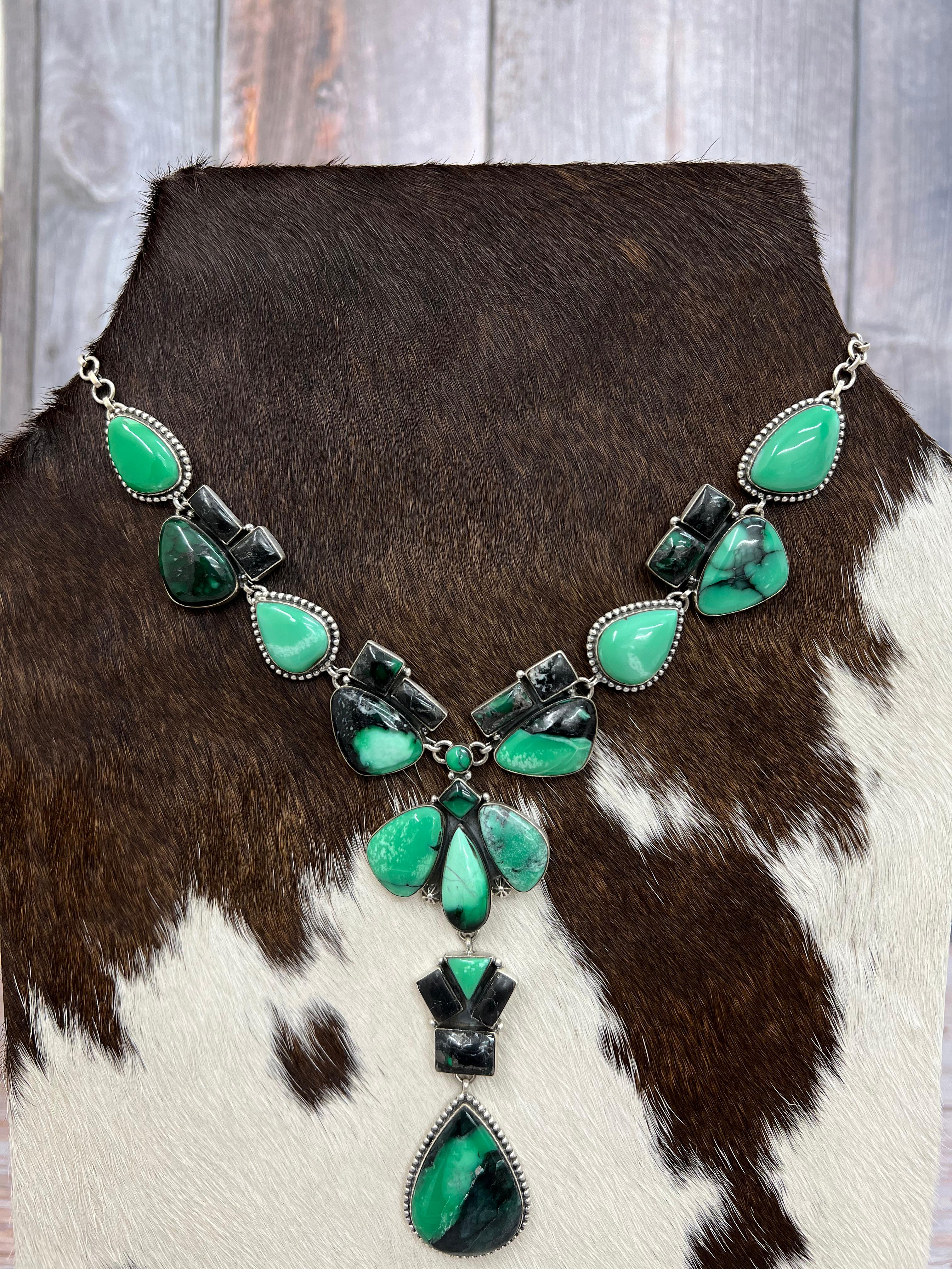 Handmade Sterling Silver Emerald Rose Necklace with Signed Nizhoni