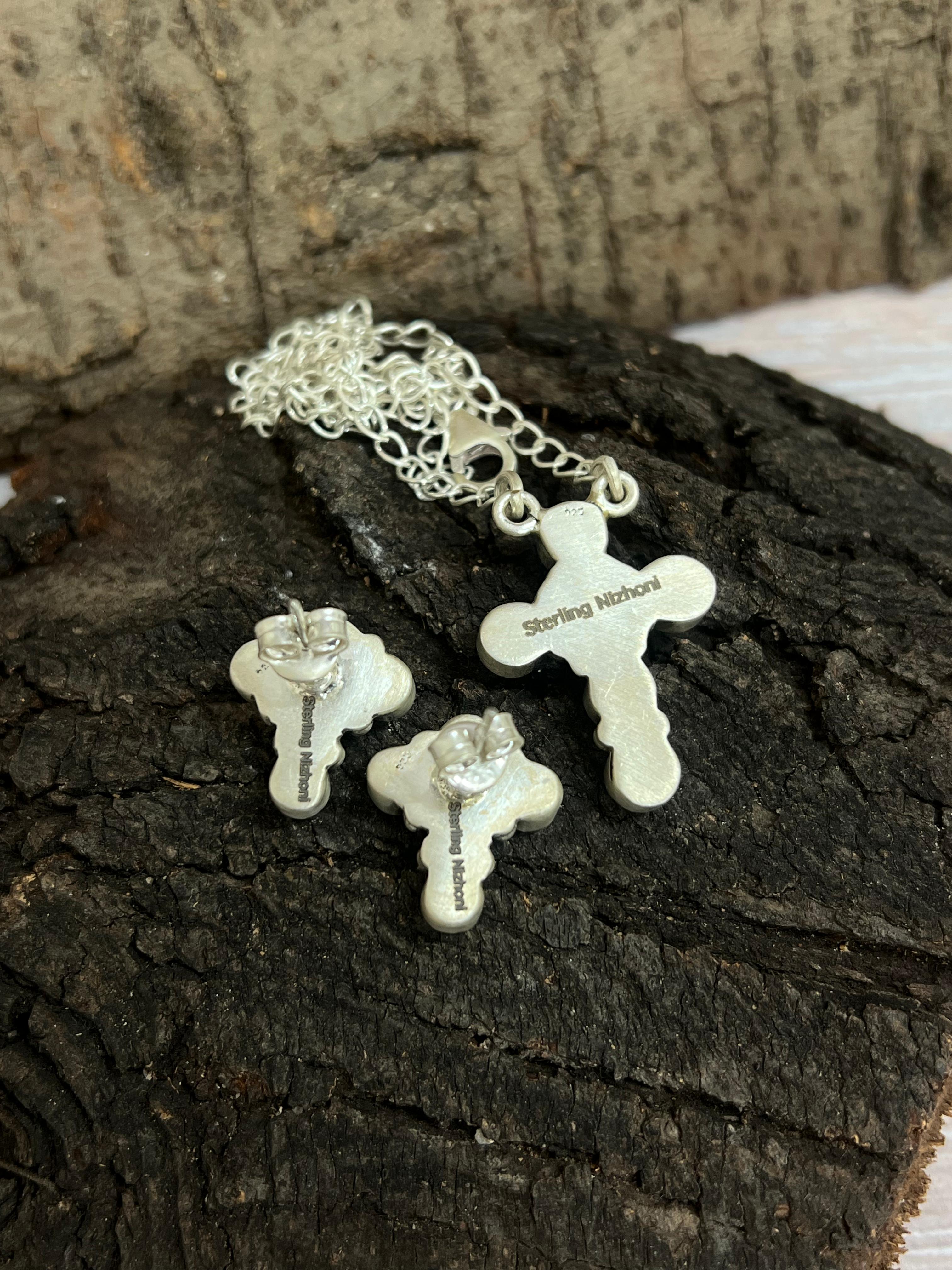 Handmade Sterling Silver White Buffalo Cross Necklace & Earrings Set Signed Nizhoni