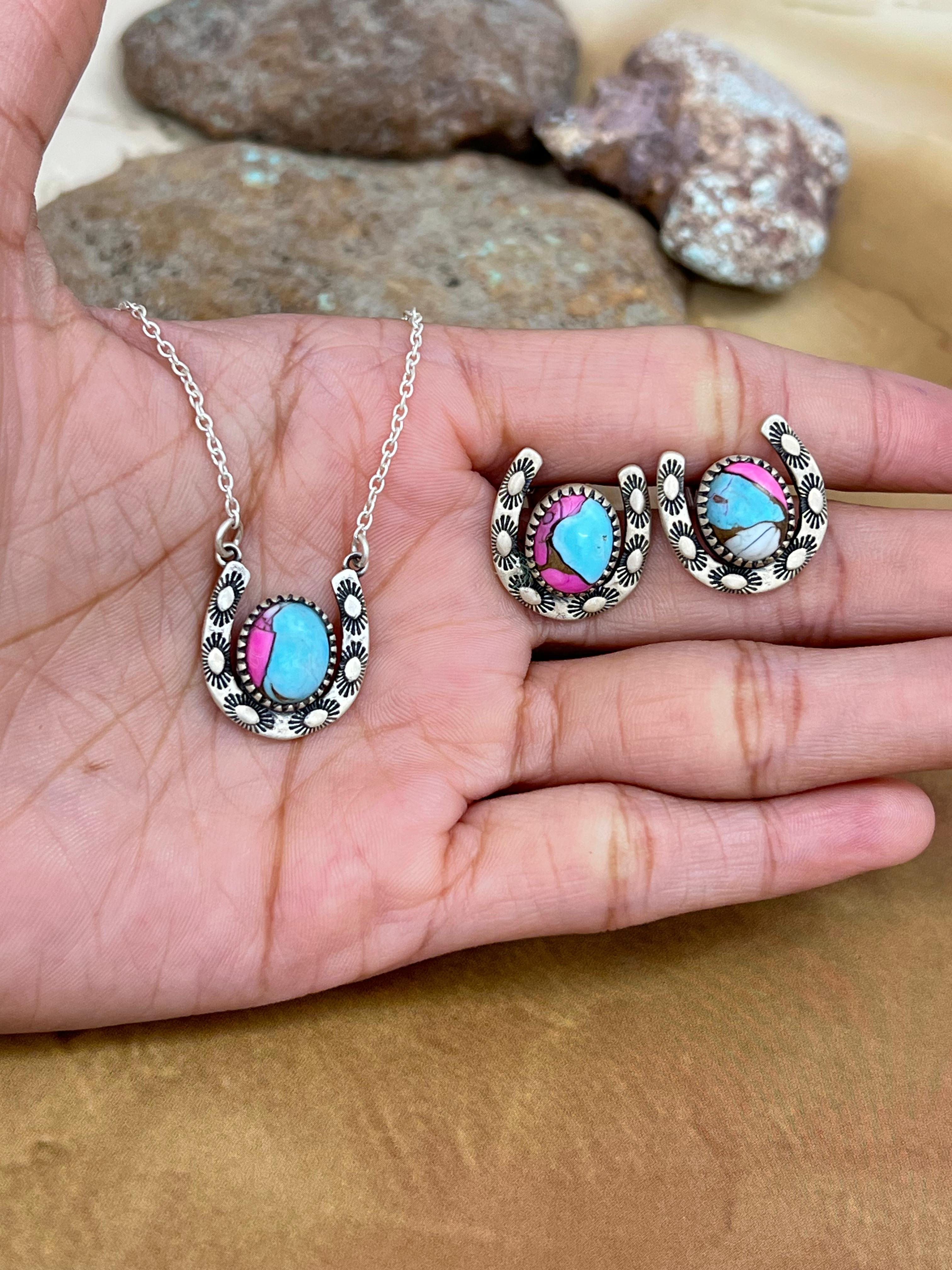 Handmade Sterling Silver Cotton Candy Turquoise Necklace Earrings Set, Signed Nizhoni