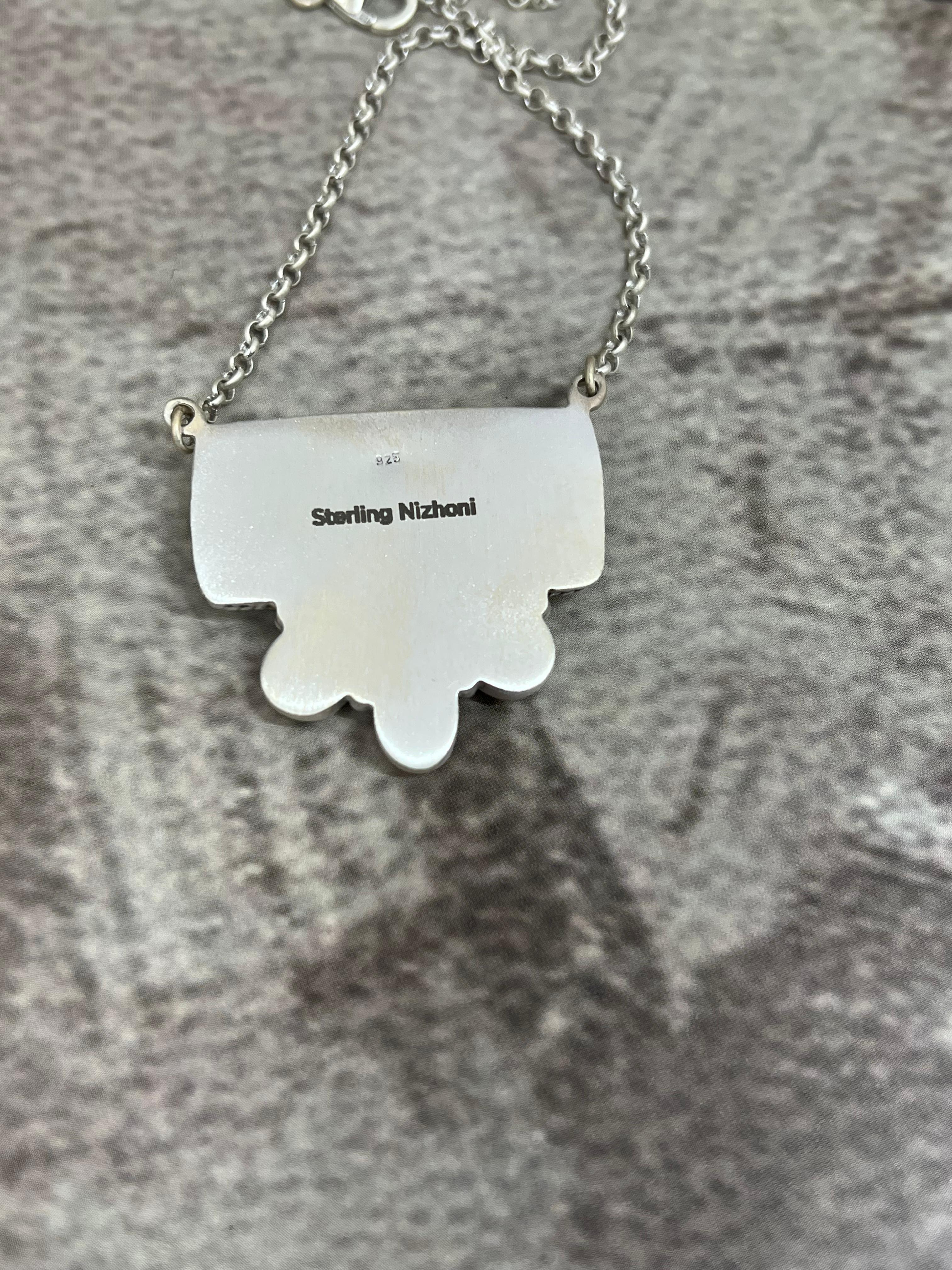 Handmade Sterling Silver Emerald Valley with Dahlia Rose Necklace, Signed Nizhoni
