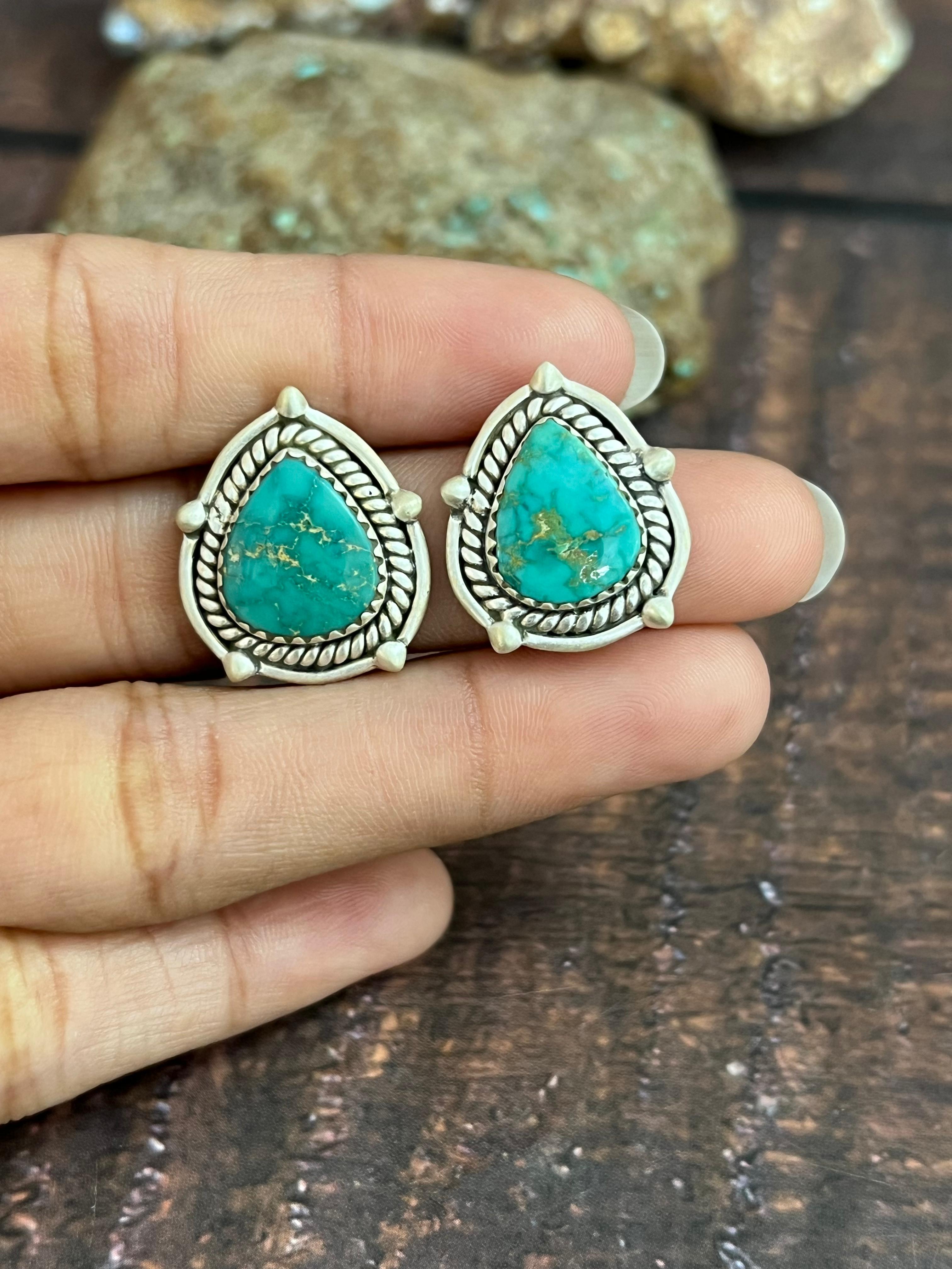 Handmade Sterling Silver Emerald Valley Post Studs with Signed Nizhoni