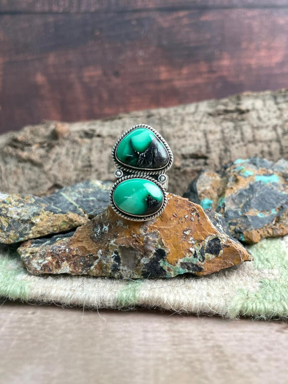 Handmade Sterling Silver Emerald Rose Adjustable Ring "Signed Nizhoni"