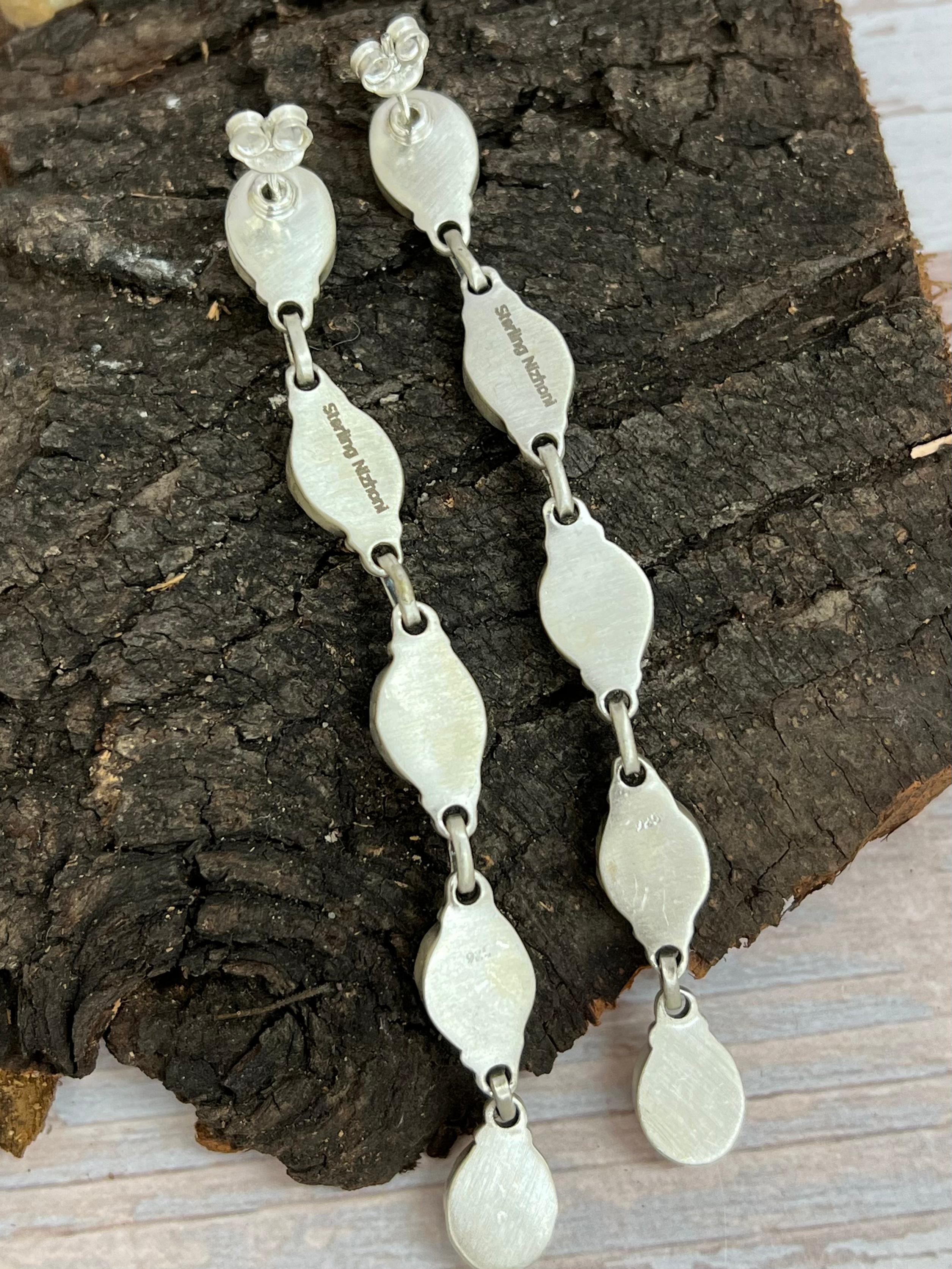 Handmade Sterling Silver Honey Dahlia Post Dangle Earrings with Signed Nizhoni