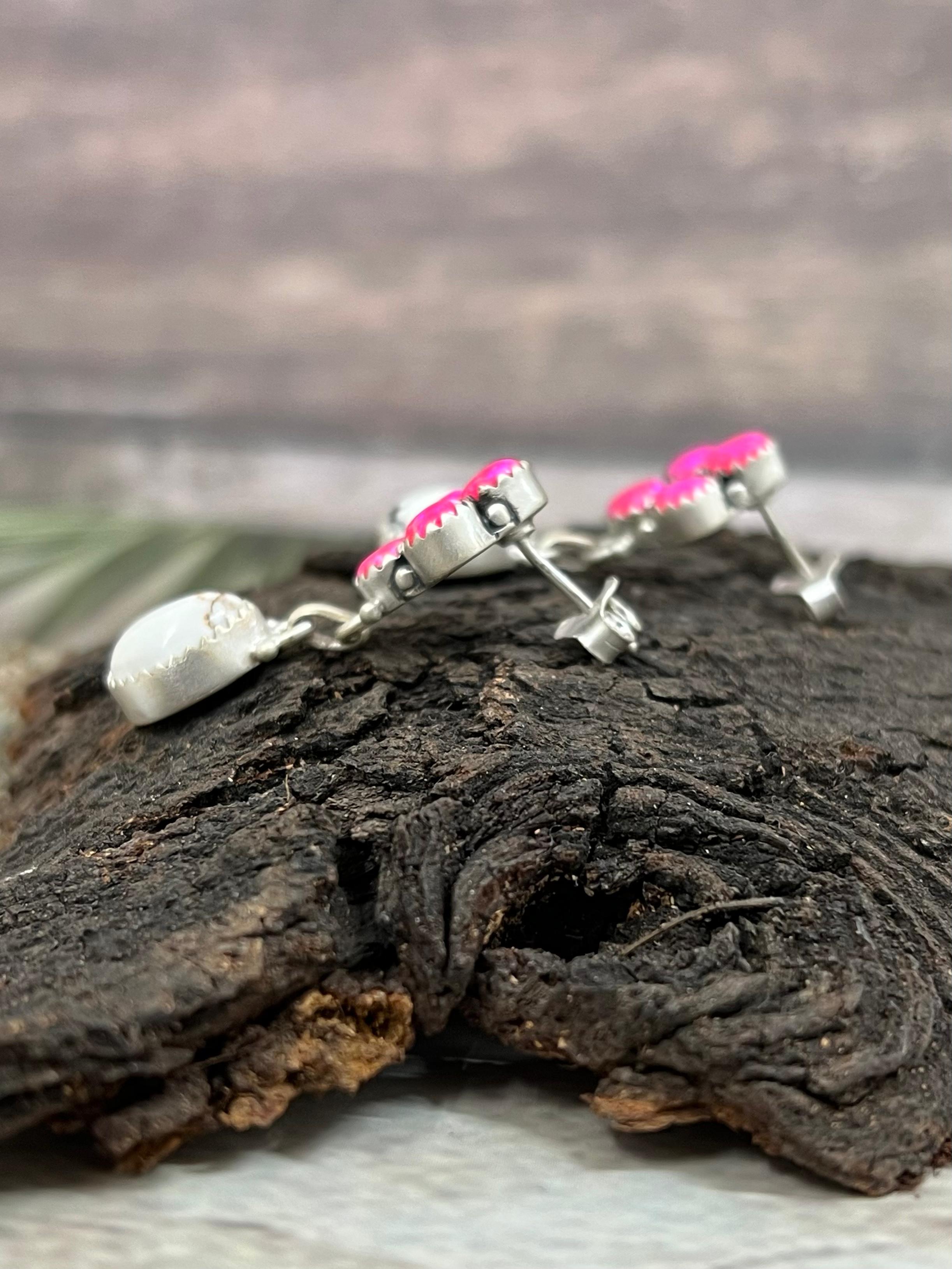 Handmade Sterling Silver Wild Horse with Purple Dahlia Post Dangle Earrings, Signed Nizhoni (7)