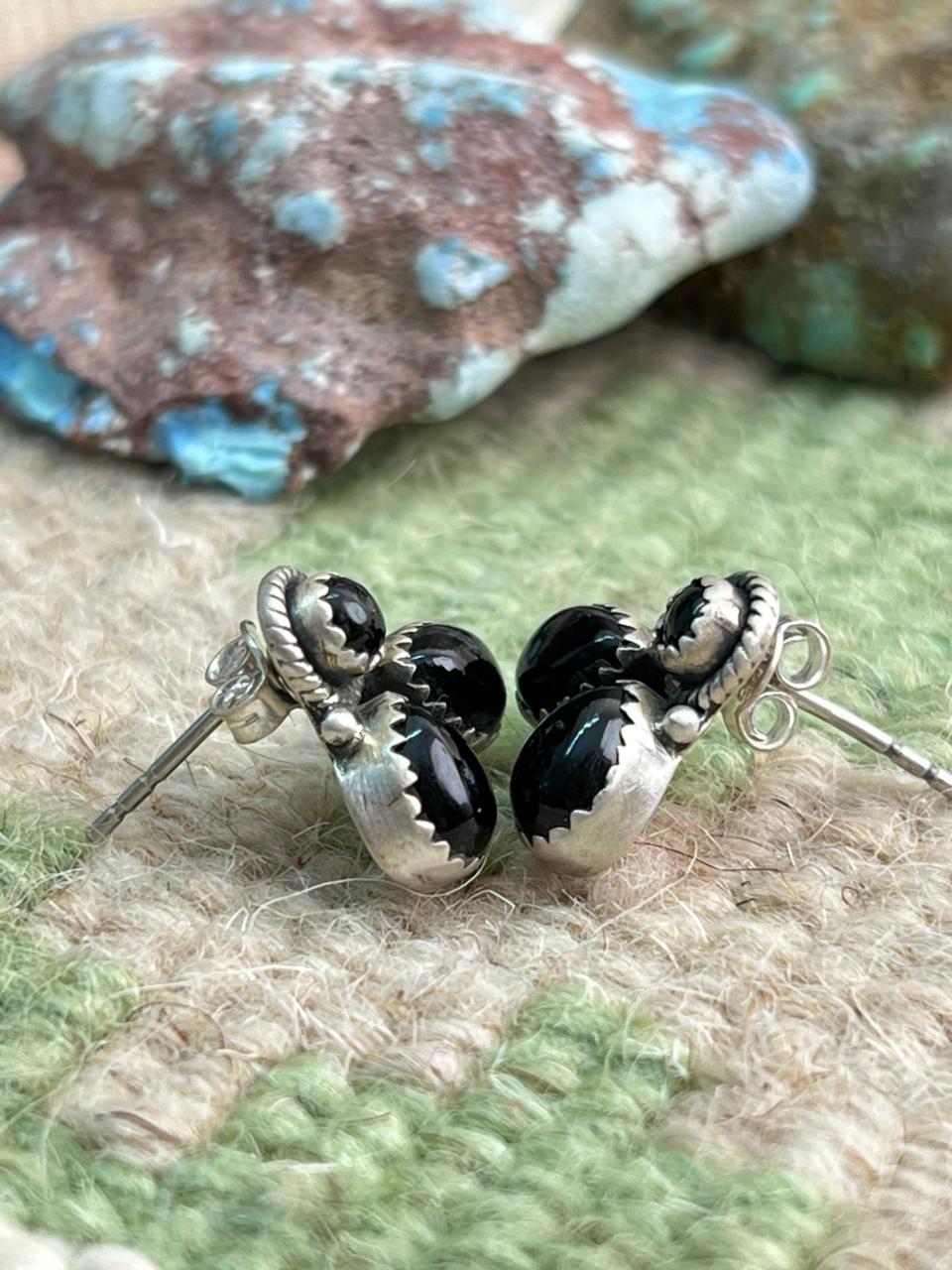 Handmade Sterling Silver Black Onyx Post Studs Earrings "Signed Nizhoni"