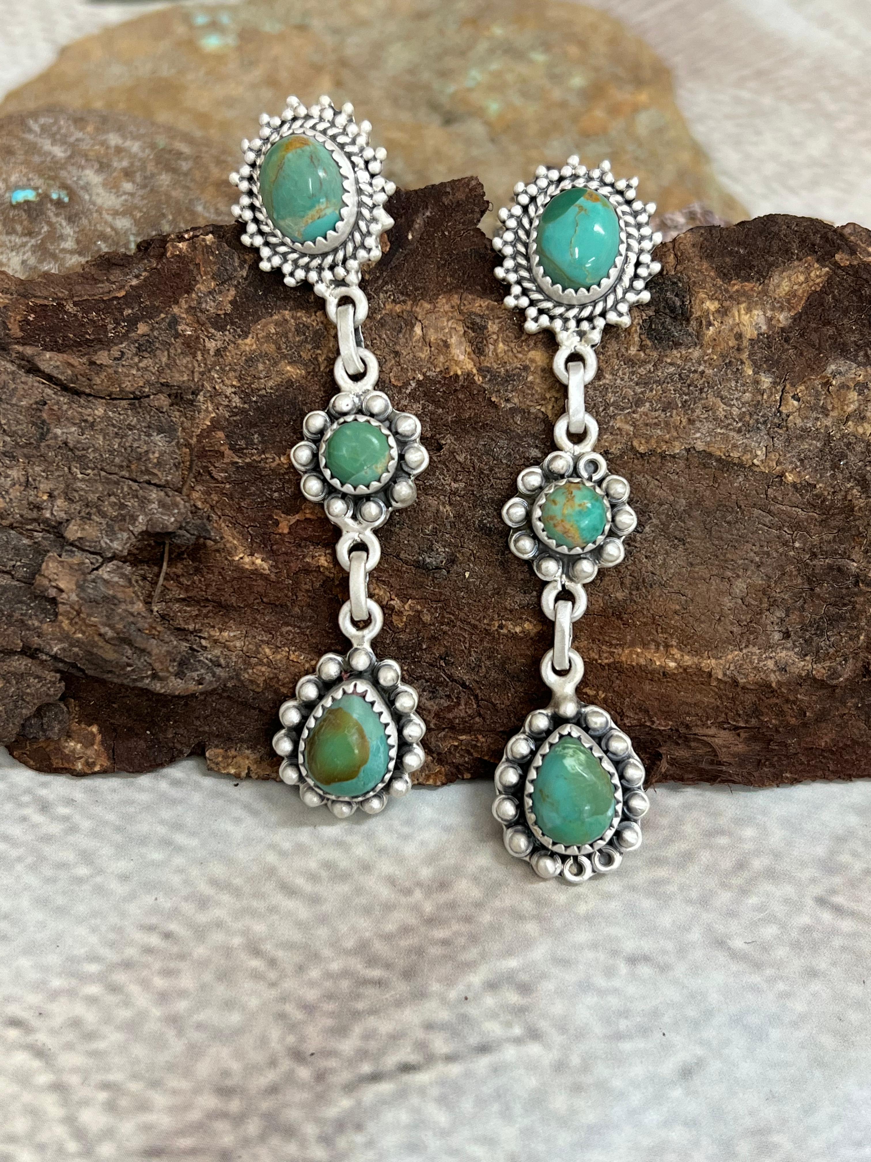 Handmade Sterling Silver Kingman Turquoise Post Dangle Earrings with Signed Nizhoni