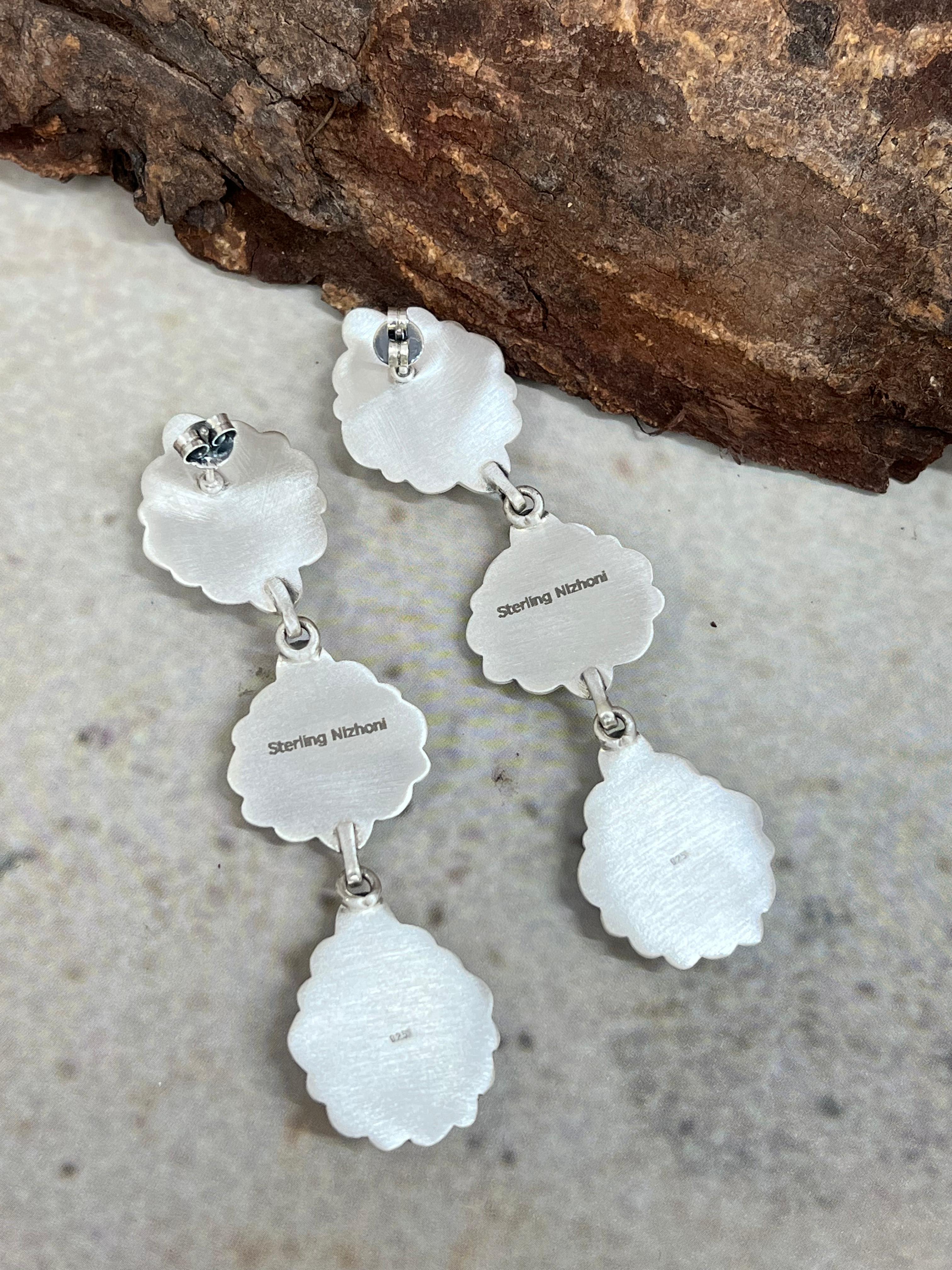 Handmade Sterling Silver White Water Turquoise Dangle Earrings with Signed Nizhoni