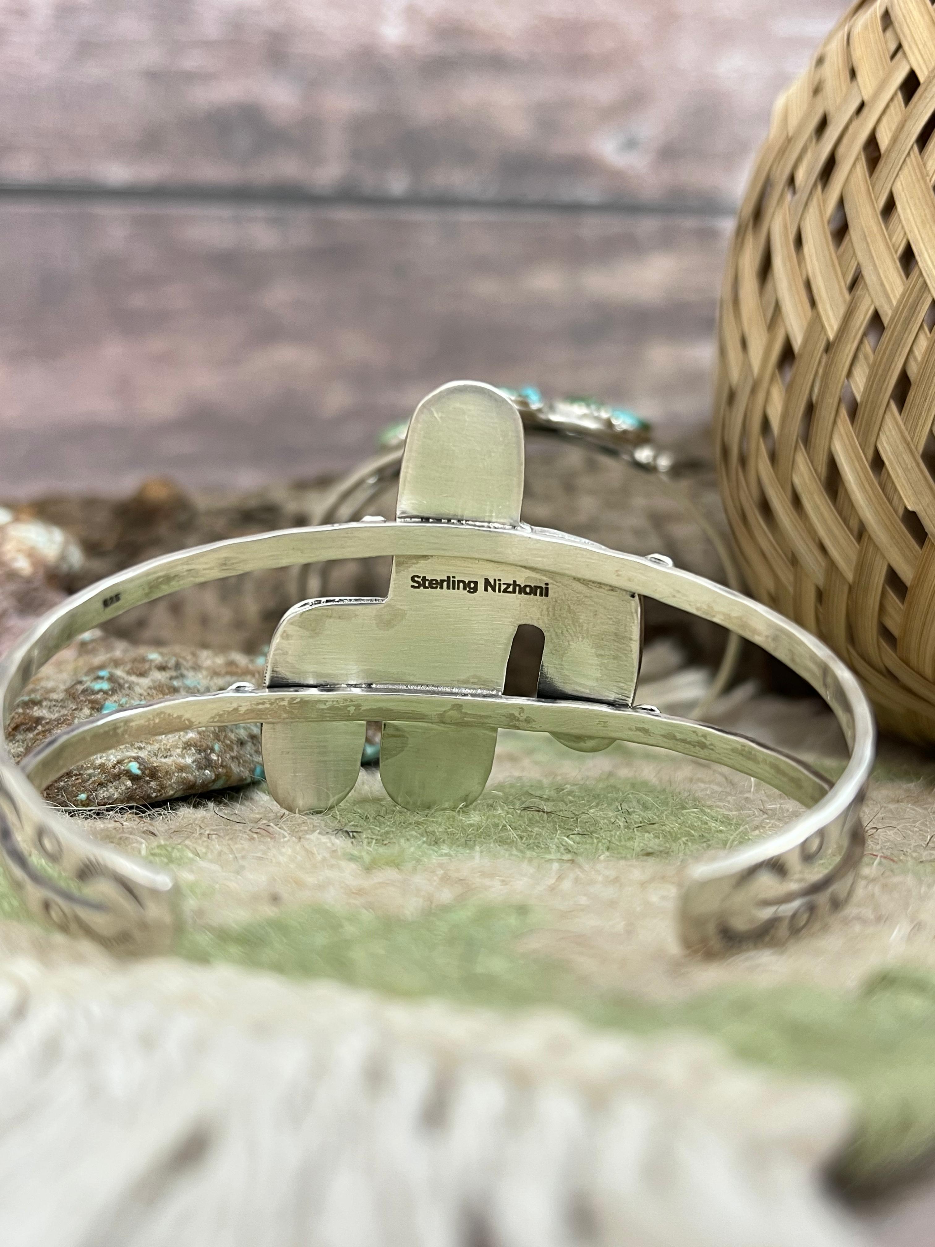 Handmade Sterling Silver Golden Hill, Sonoran Mountain Turquoise Cactus Bracelet with Signed Nizhoni /