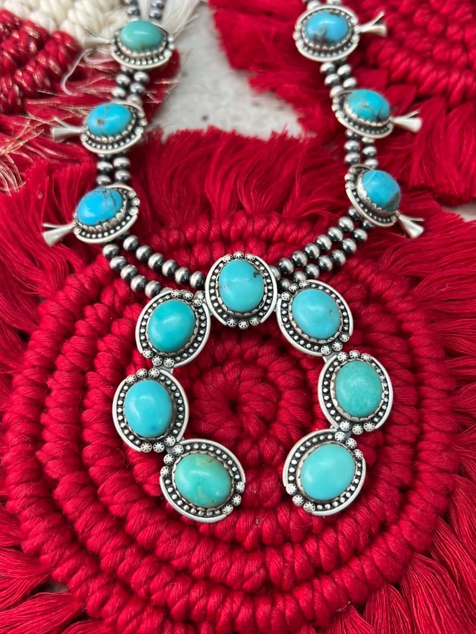 Handmade Sterling Silver Kingman Turquoise Squash Blossom Beaded Necklace "Signed Nizhoni"