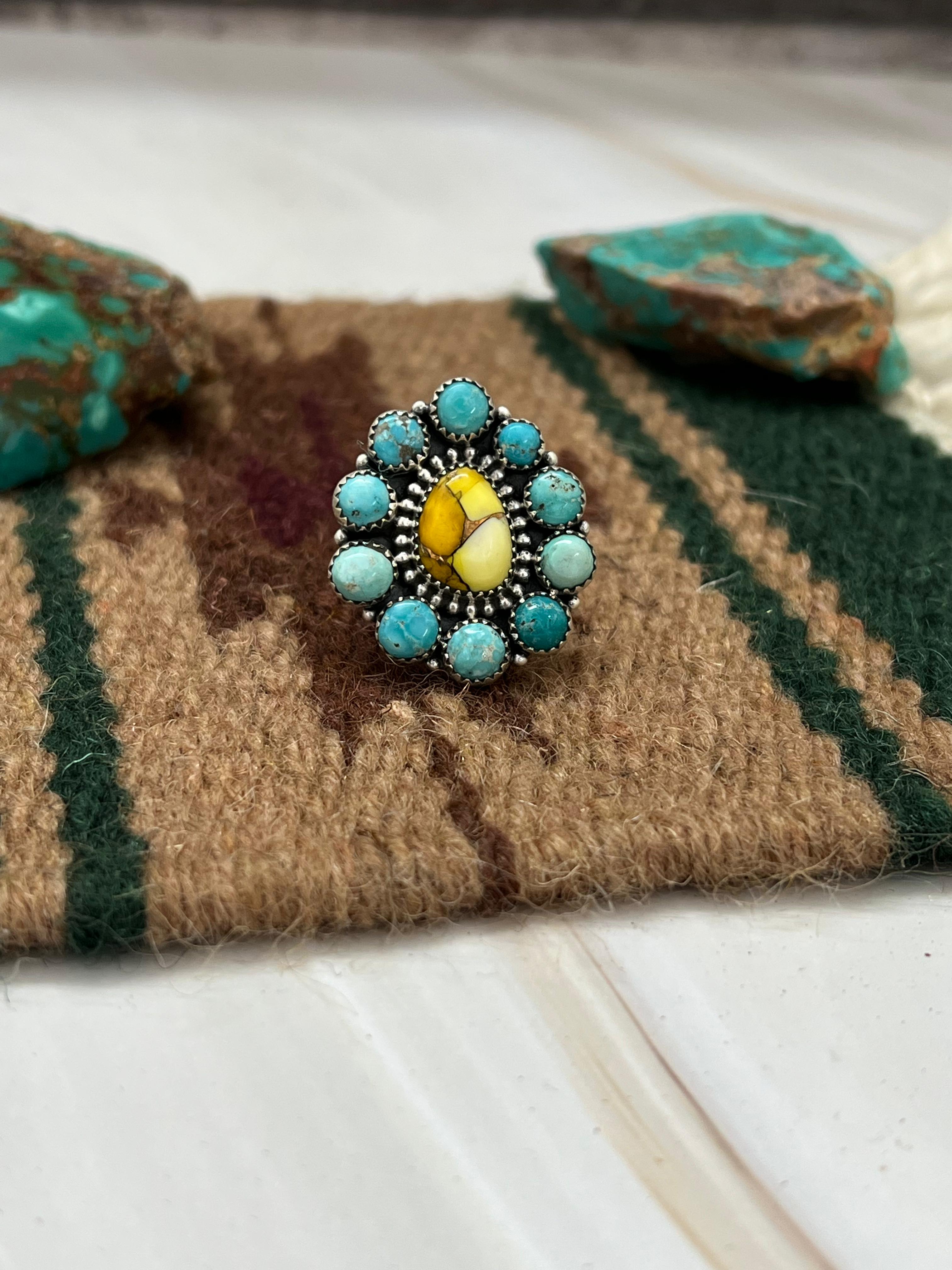 Handmade Sterling Silver White Water with Honey Dahlia Adjustable Ring with Signed Nizhoni