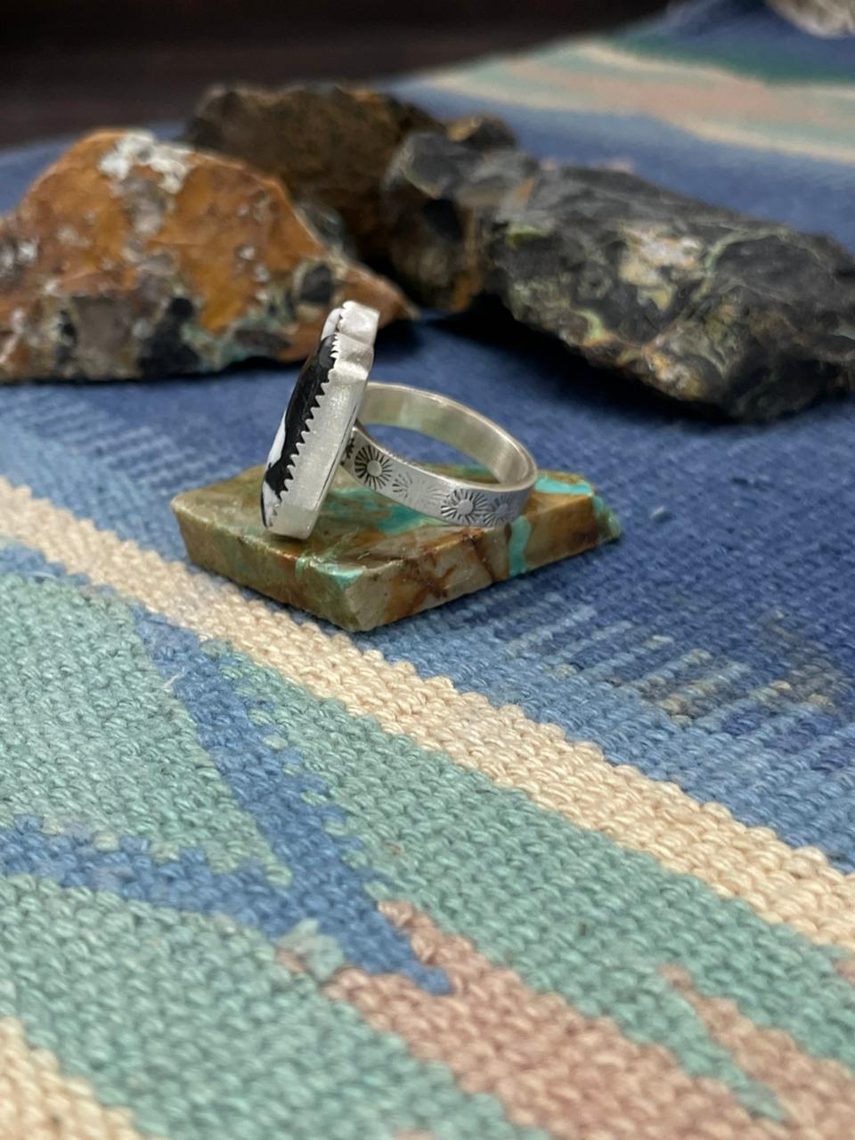 Handmade Sterling Silver White Buffalo Turquoise Adjustable Ring " Signed Nizhoni"