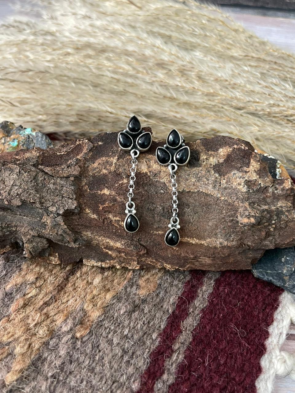 Handmade Sterling Silver Black Onyx Post Dangle Earrings "Signed Nizhoni"