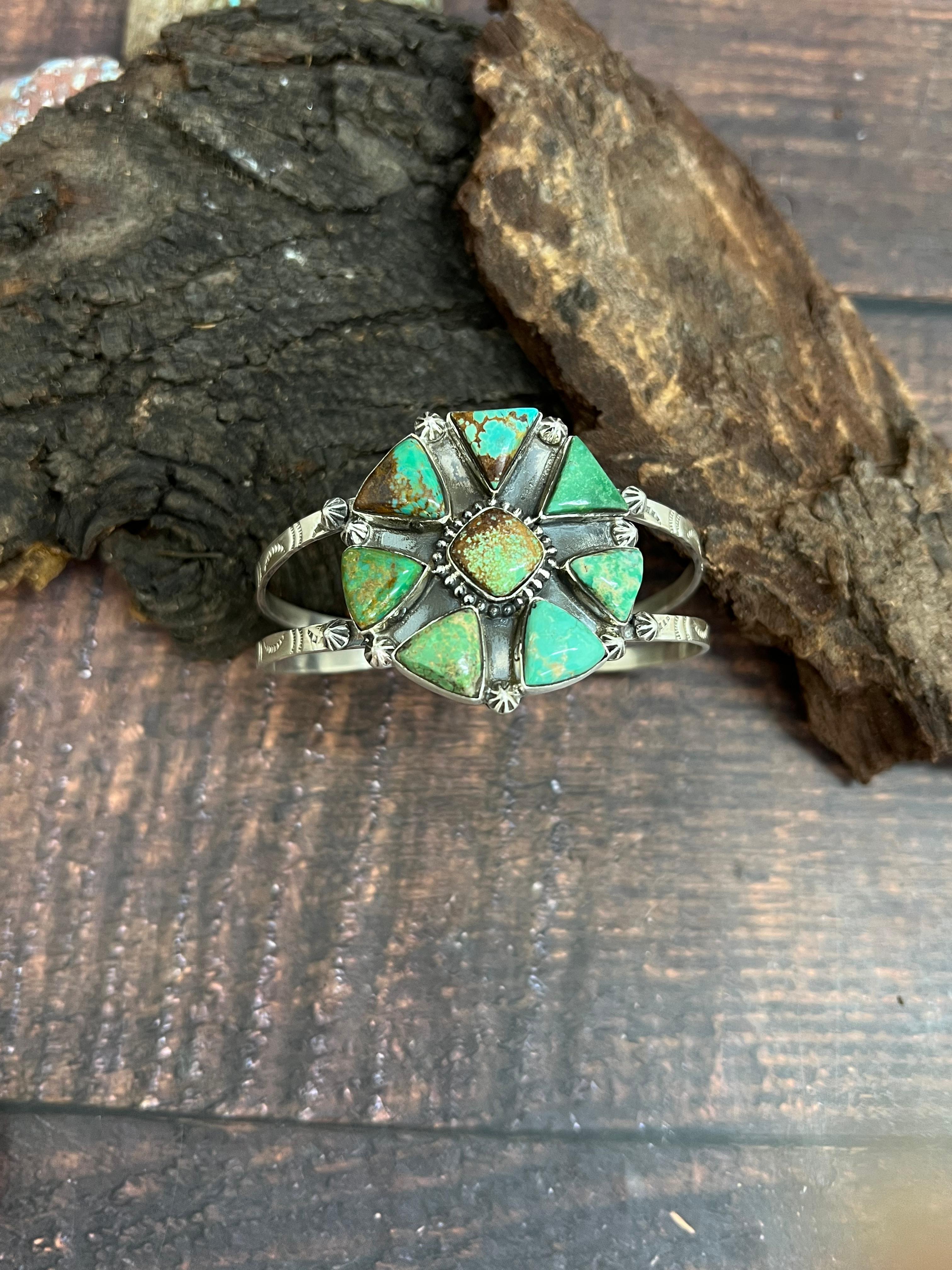 Handmade Sterling Silver Mantis Turquoise Cuff Bracelet Signed Nizhoni