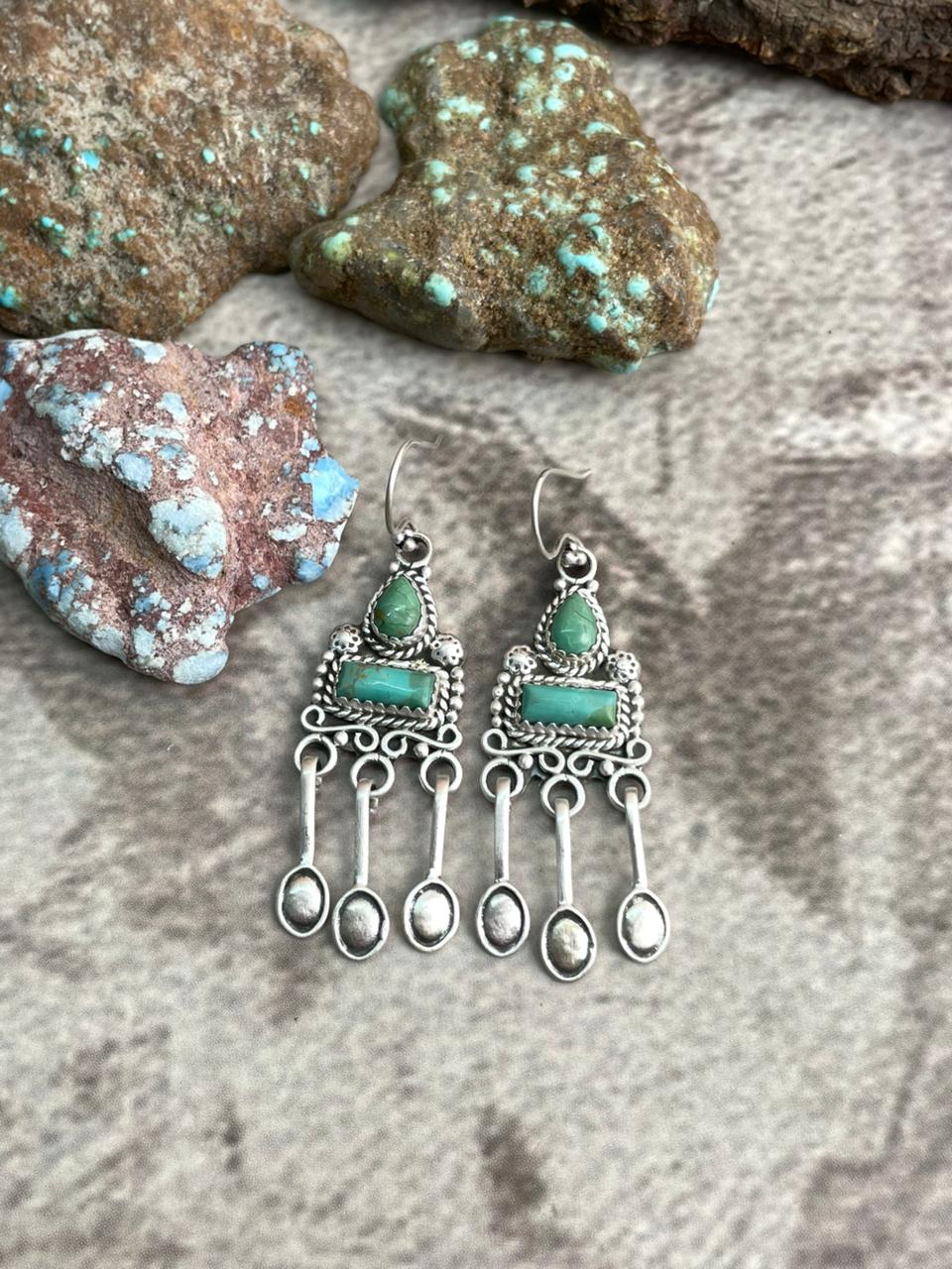 Handmade Sterling Silver Kingman Turquoise Hook Dangle Earrings with Signed Nizhoni