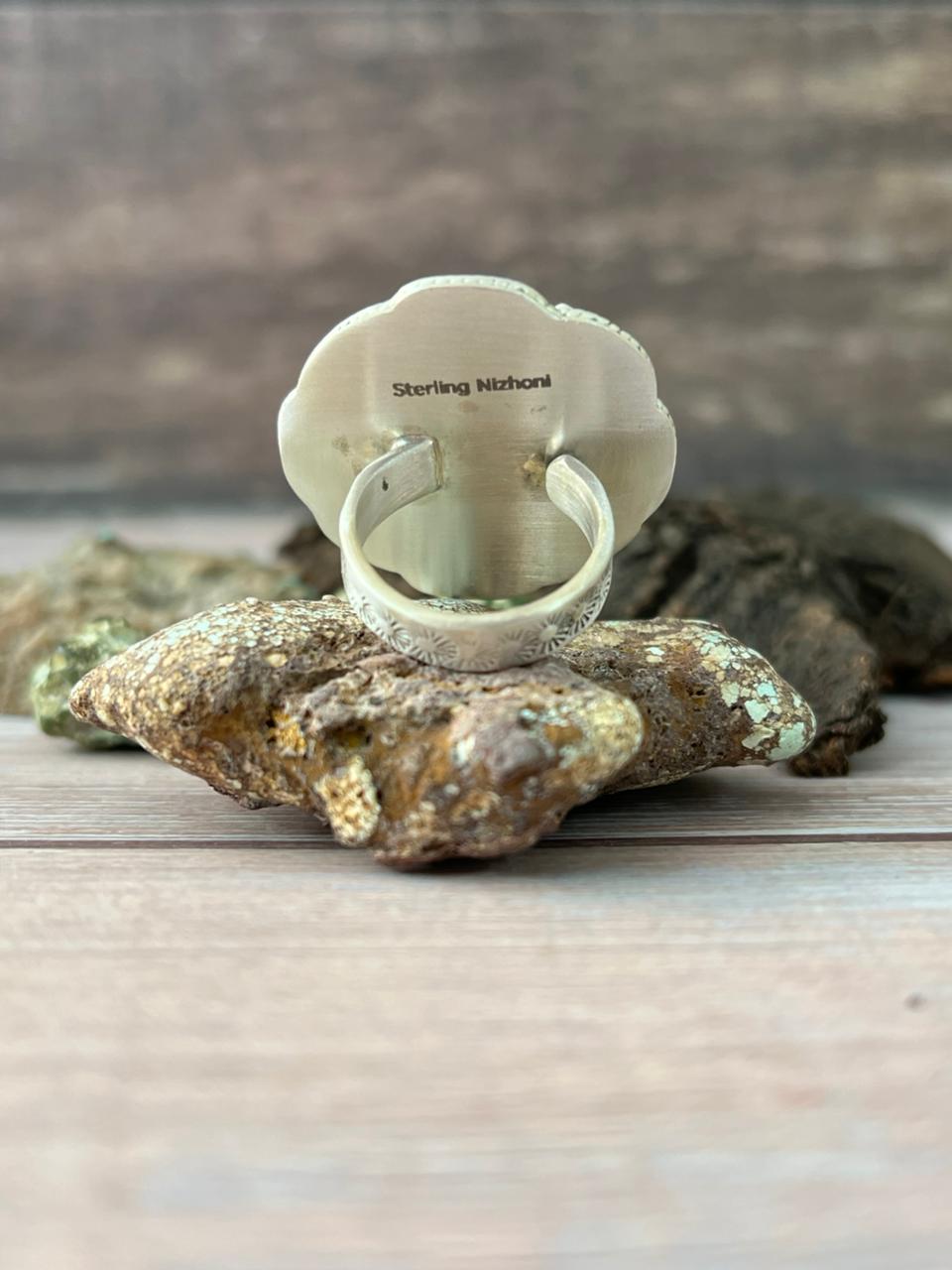 Handmade Sterling Silver Emerald Valley Turquoise Adjustable Ring With Signed Nizhoni