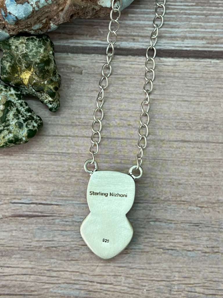 Handmade Sterling Silver White Water Turquoise Necklace with Signed Nizhoni