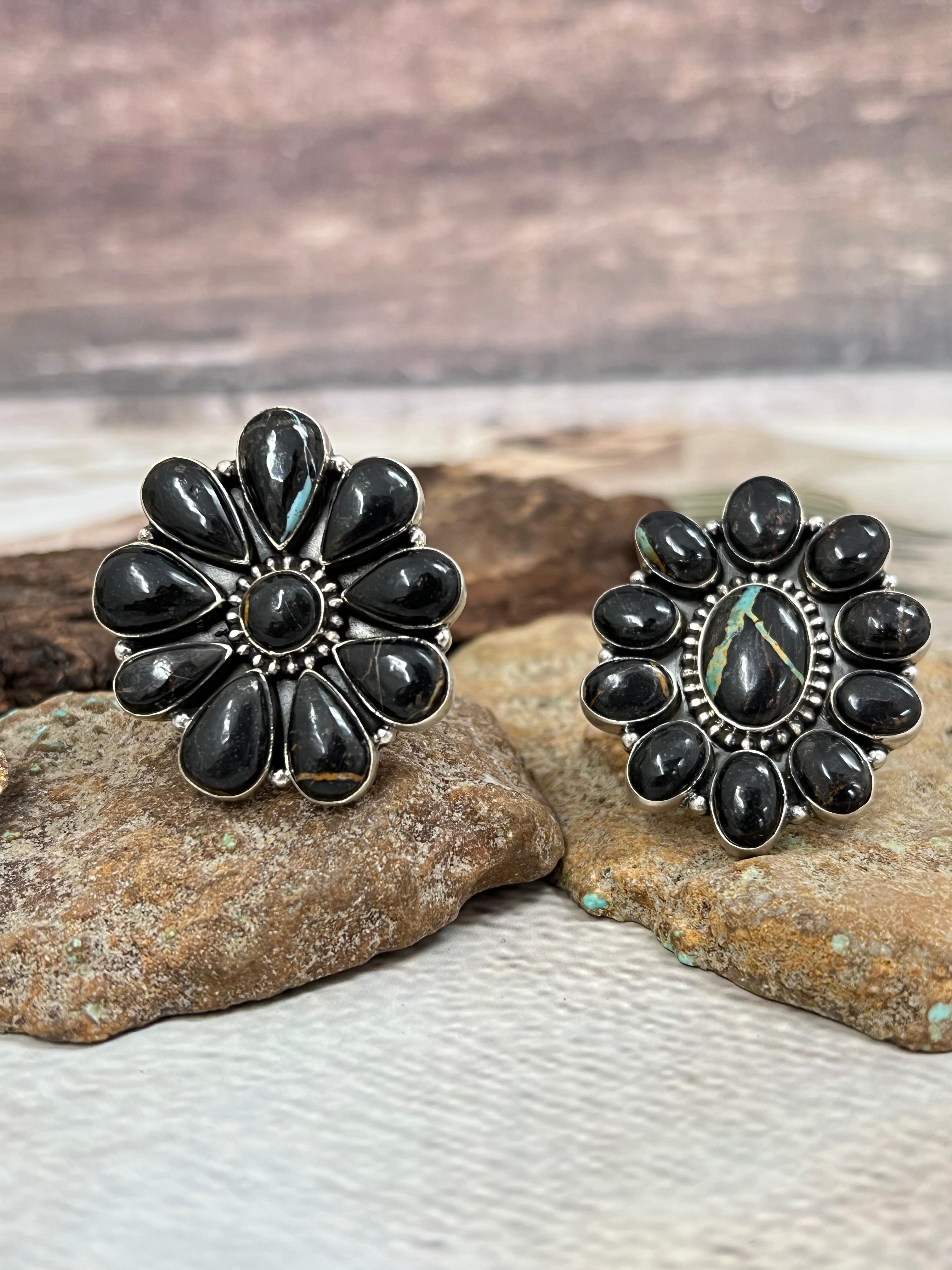 Handmade Sterling Silver Blackjack Turquoise Adjustable Ring Signed Nizhoni