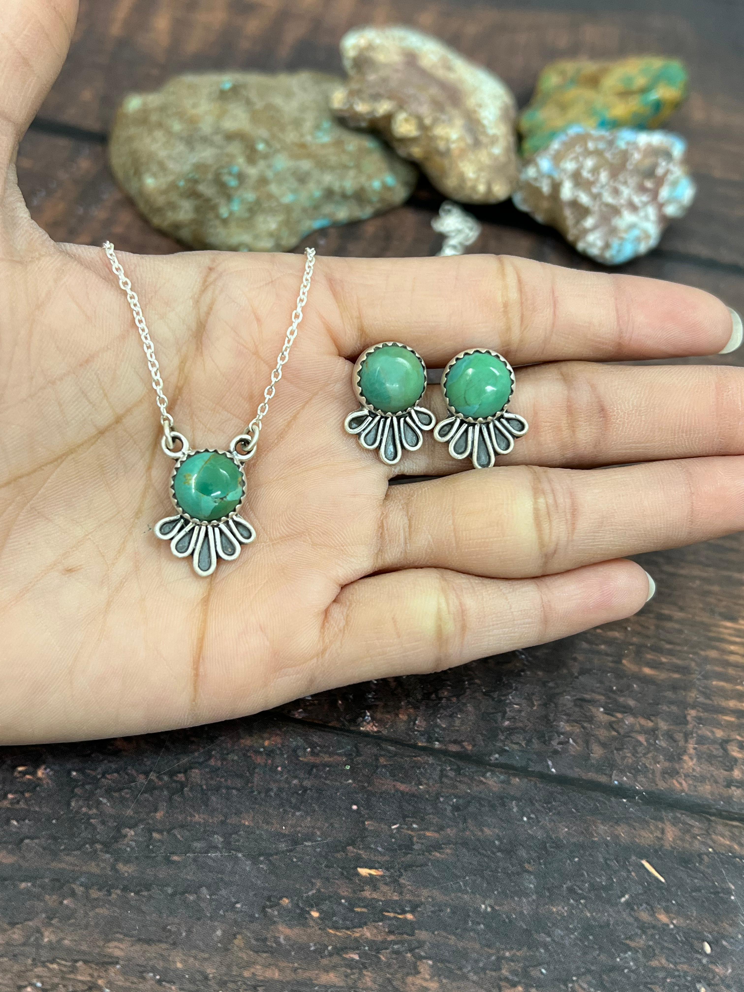 Handmade Sterling Silver Kingman Turquoise Necklace Earrings Set with Signed Nizhoni