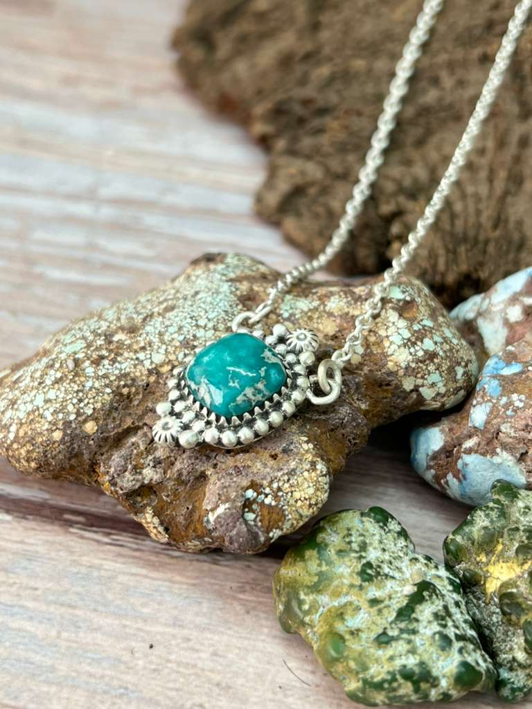 Handmade Sterling Silver White Water Turquoise Necklace with Signed Nizhoni