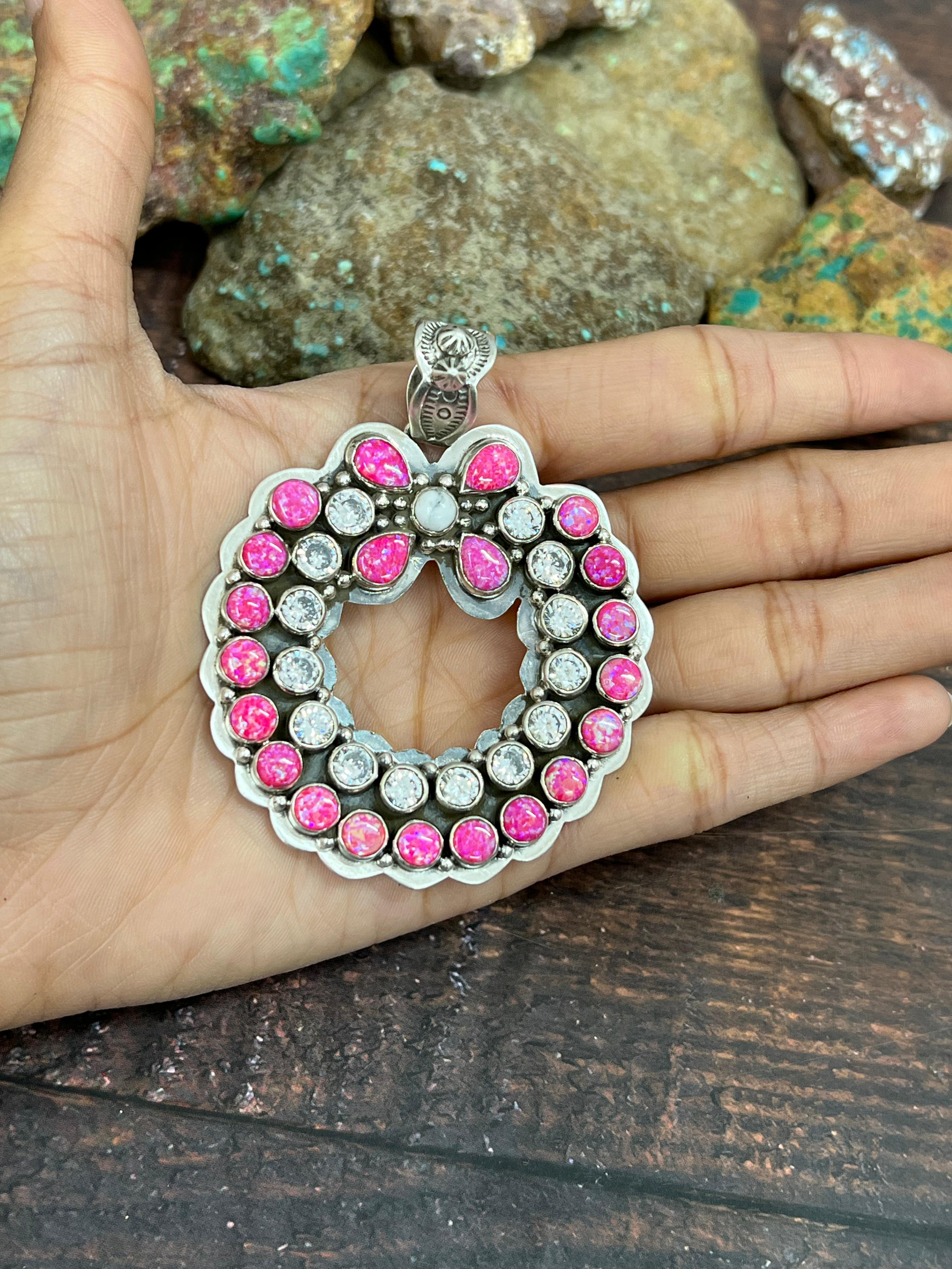 Handmade Sterling Silver Hot Pink with CZ Pendant, Signed Nizhoni