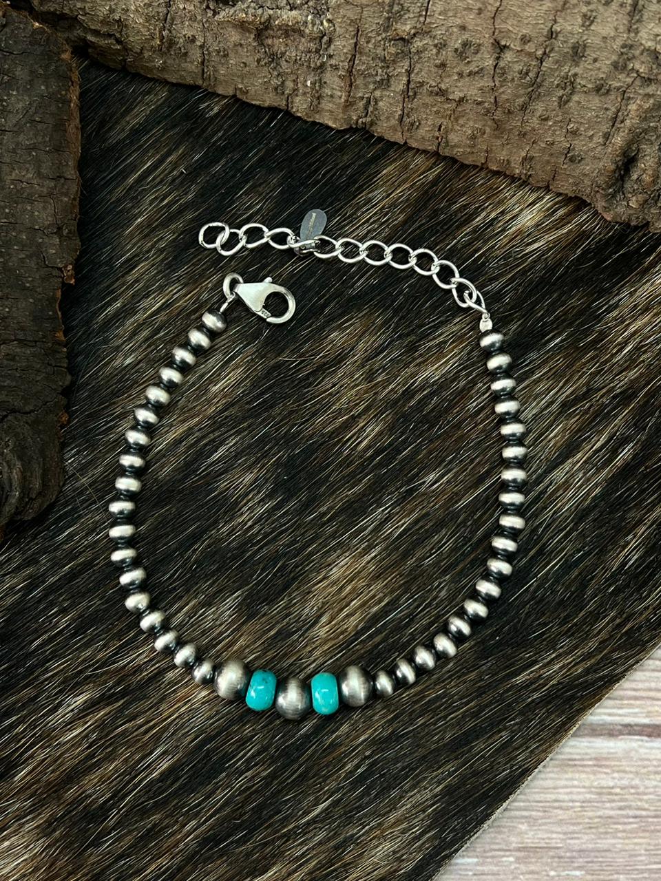 Handmade Sterling Silver Beaded Kingman Turquoise Chain Bracelet