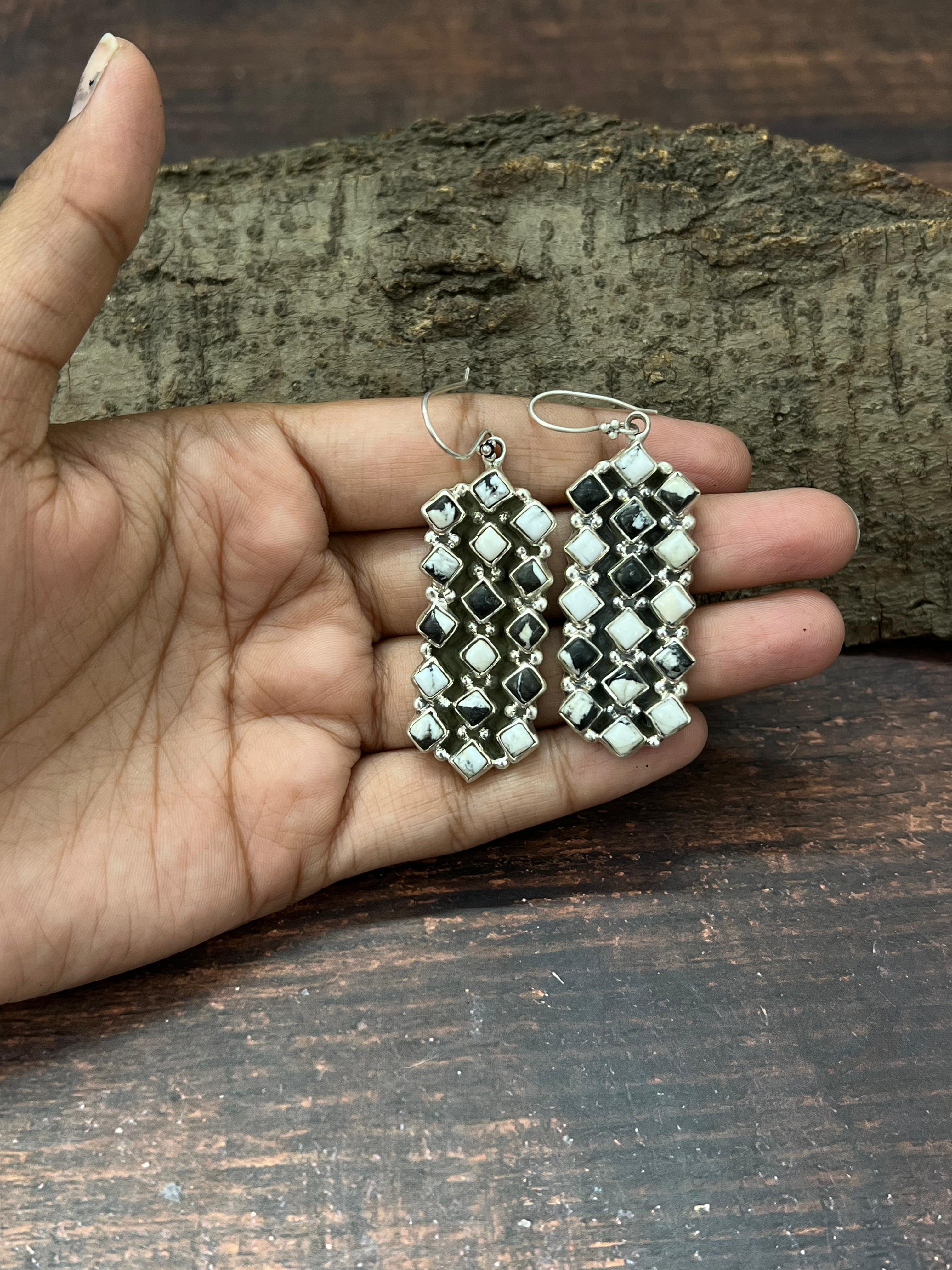 Handmade Sterling Silver White Buffalo Hook Dangle Earrings with Signed Nizhoni