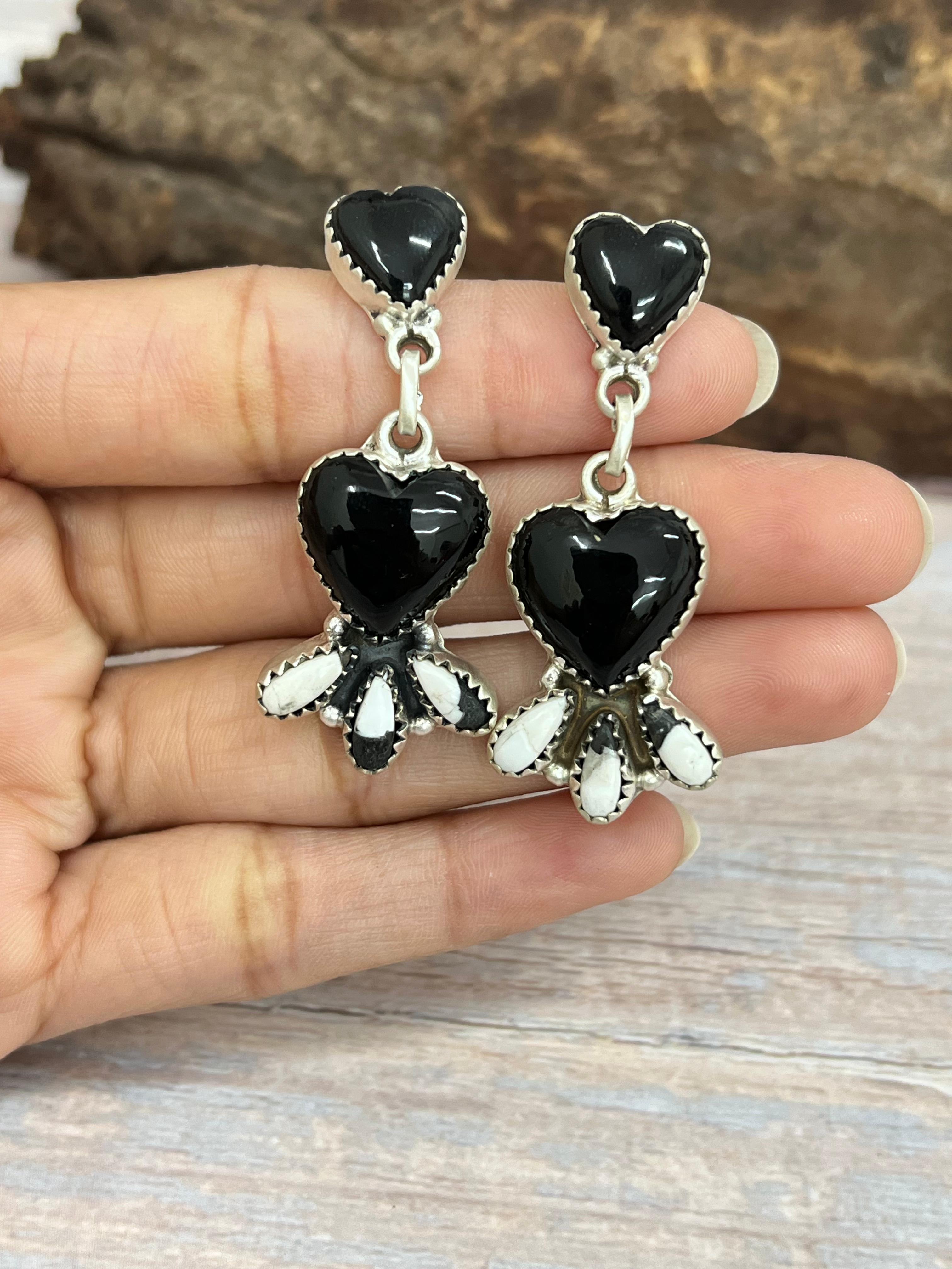 Handmade Sterling Silver oBlack Onyx with White Buffalo Turquoise Dangle Earrings, Signed Nizhoni