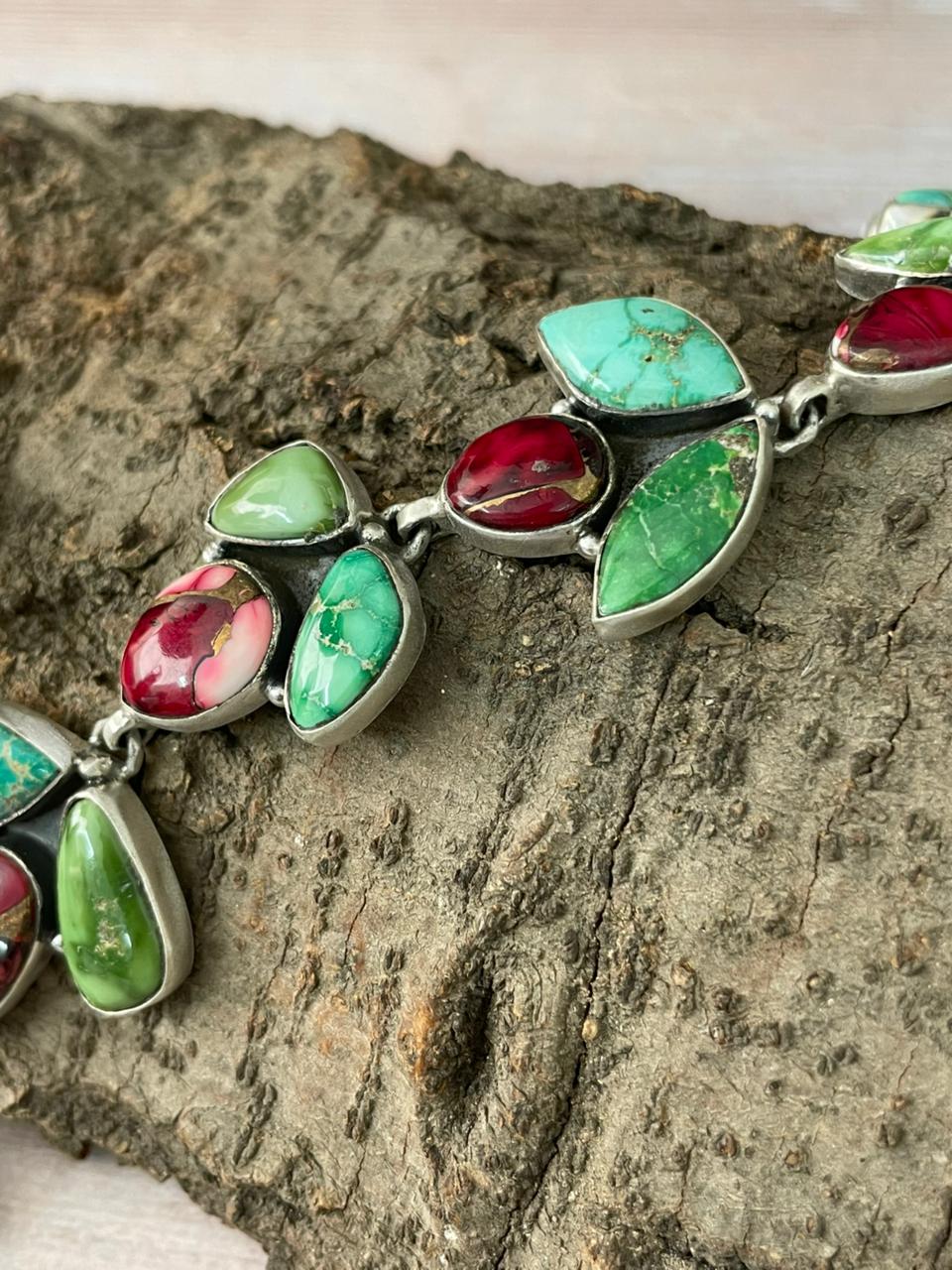 Handmade Sterling Silver Dahlia Rose with Emerald Valley Turquoise Necklace "Signed Nizhoni"