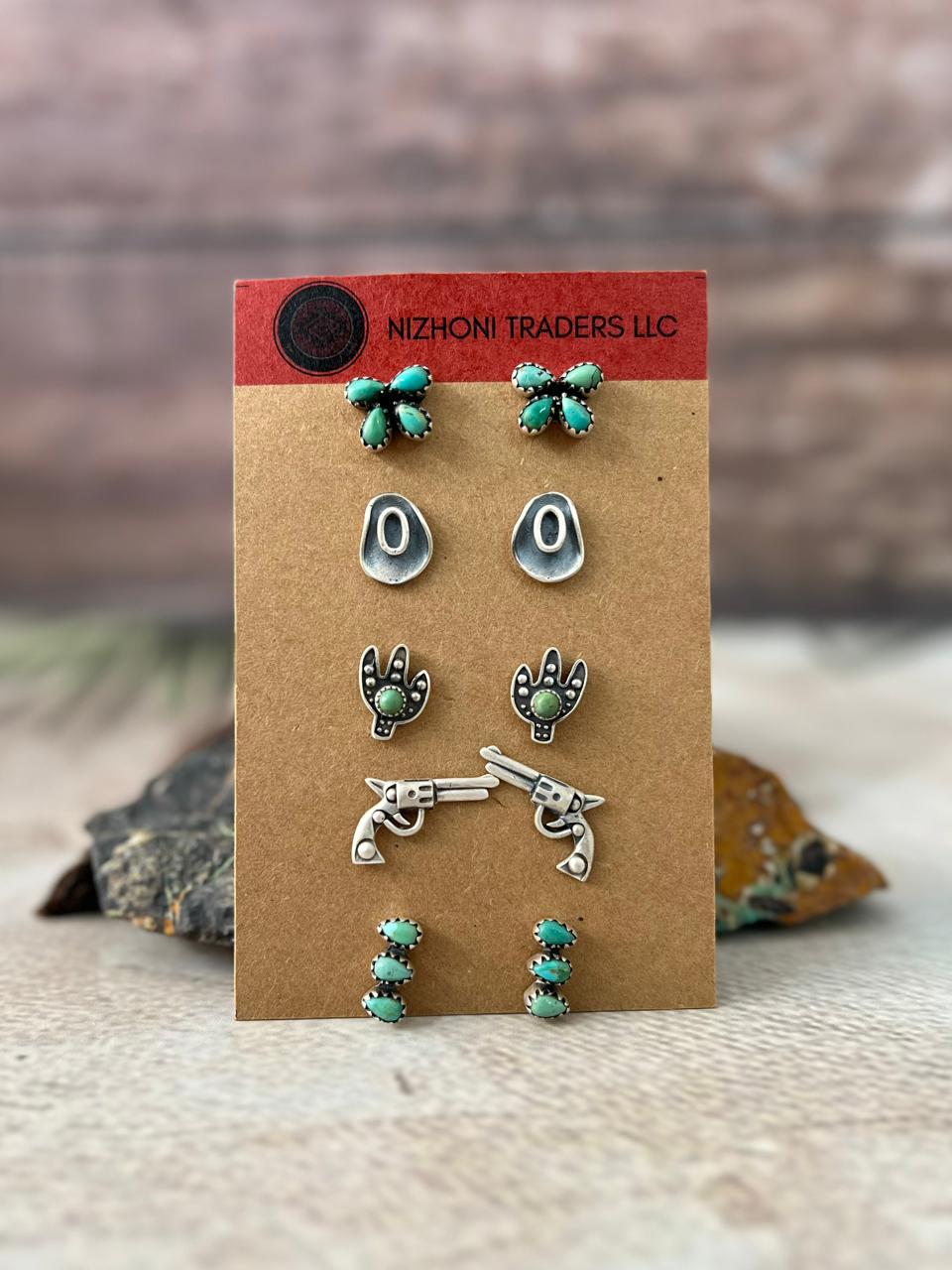 Handmade Sterling Silver Kingman Turquoise Post Studs Earrings Set