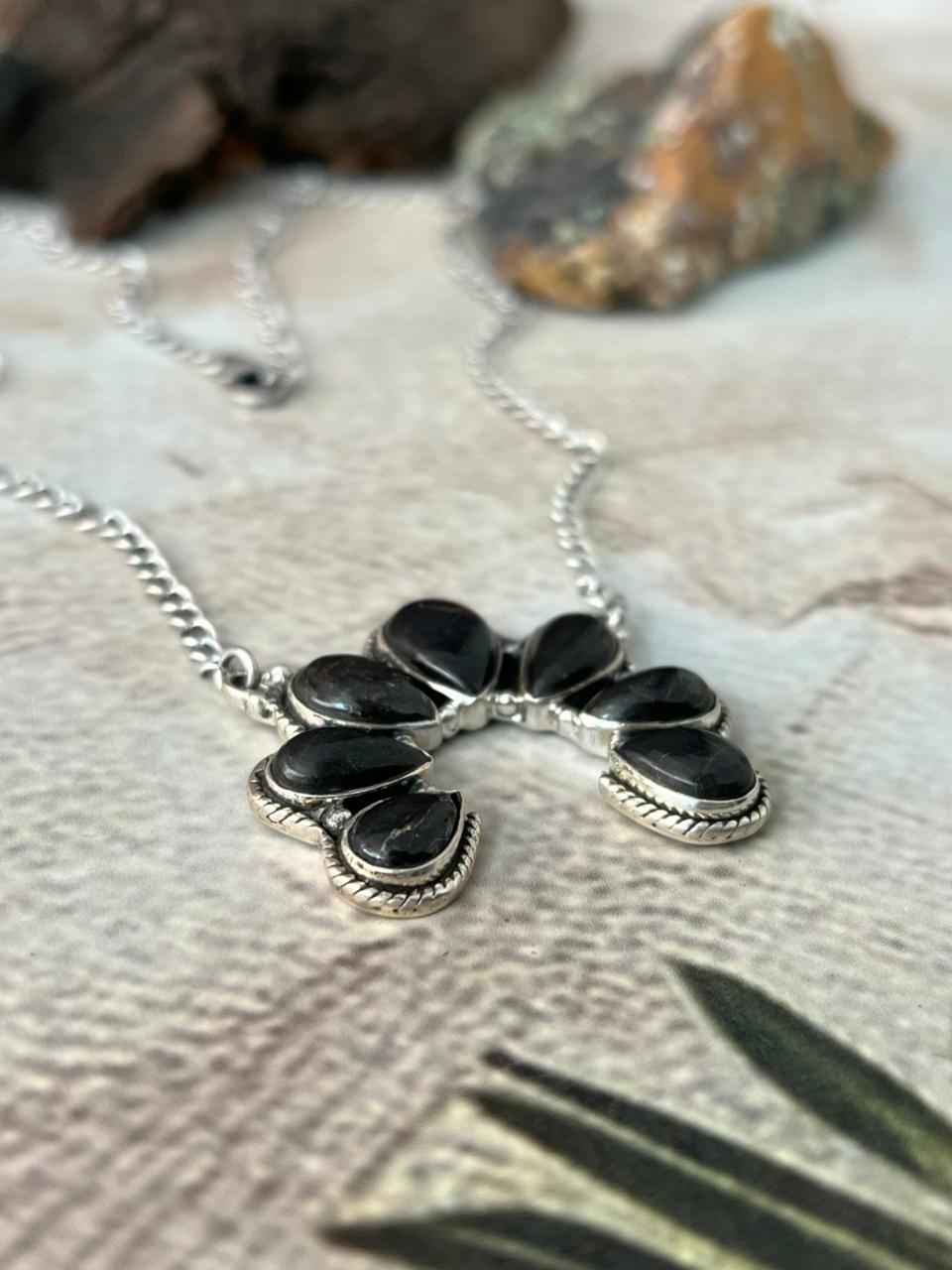 Handmade Sterling Silver Blackjack Turquoise Naja Necklace "Signed Nizhoni"