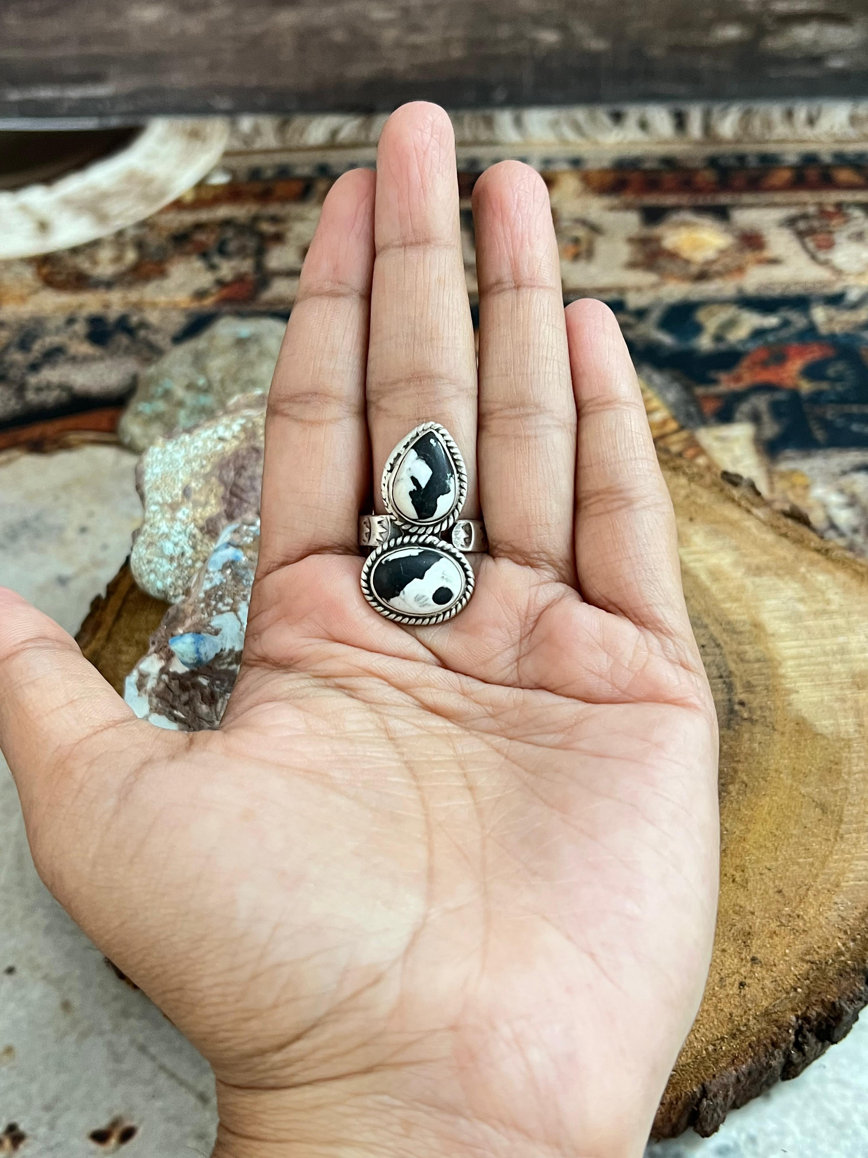 Handmade Sterling Silver White Buffalo Adjustable Ring, Signed Nizhoni