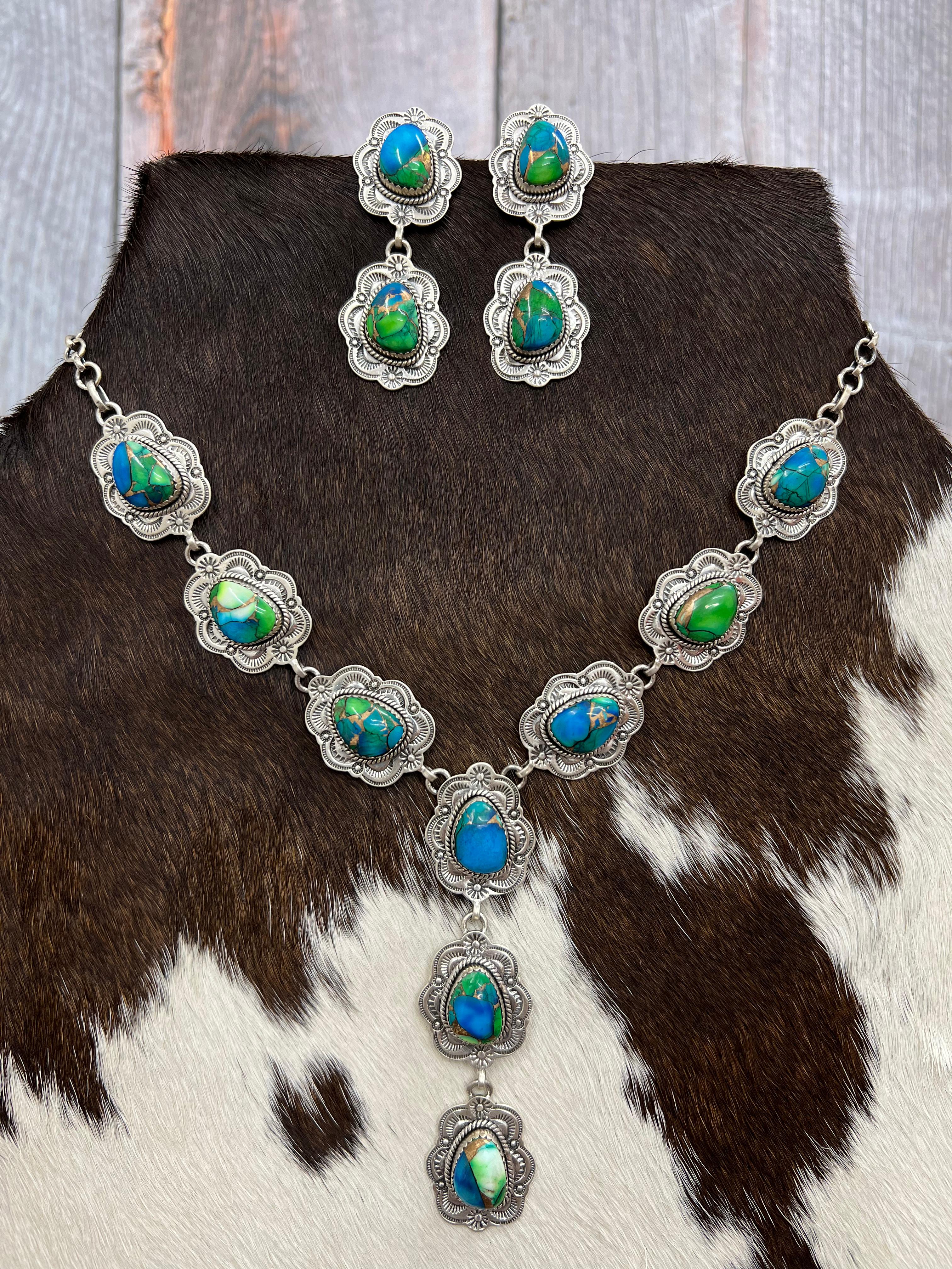 Handmade Sterling Silver Peacock Dahlia Necklace Earrings Set with Signed Nizhoni