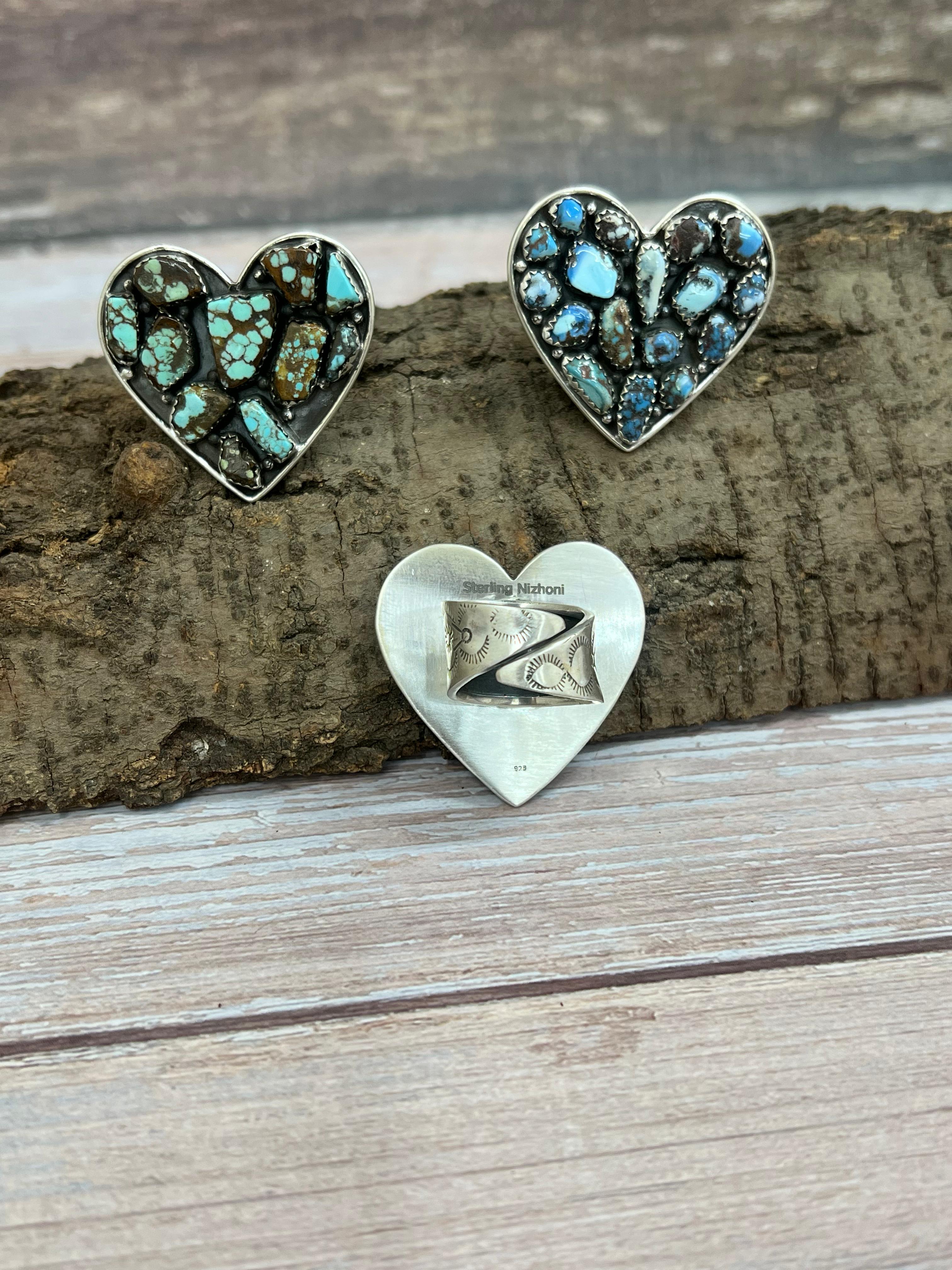 Handmade Sterling Silver Golden Hills, Number 8, Sonoran Mountain Turquoise Heart Adjustable Ring with Signed Nizhoni