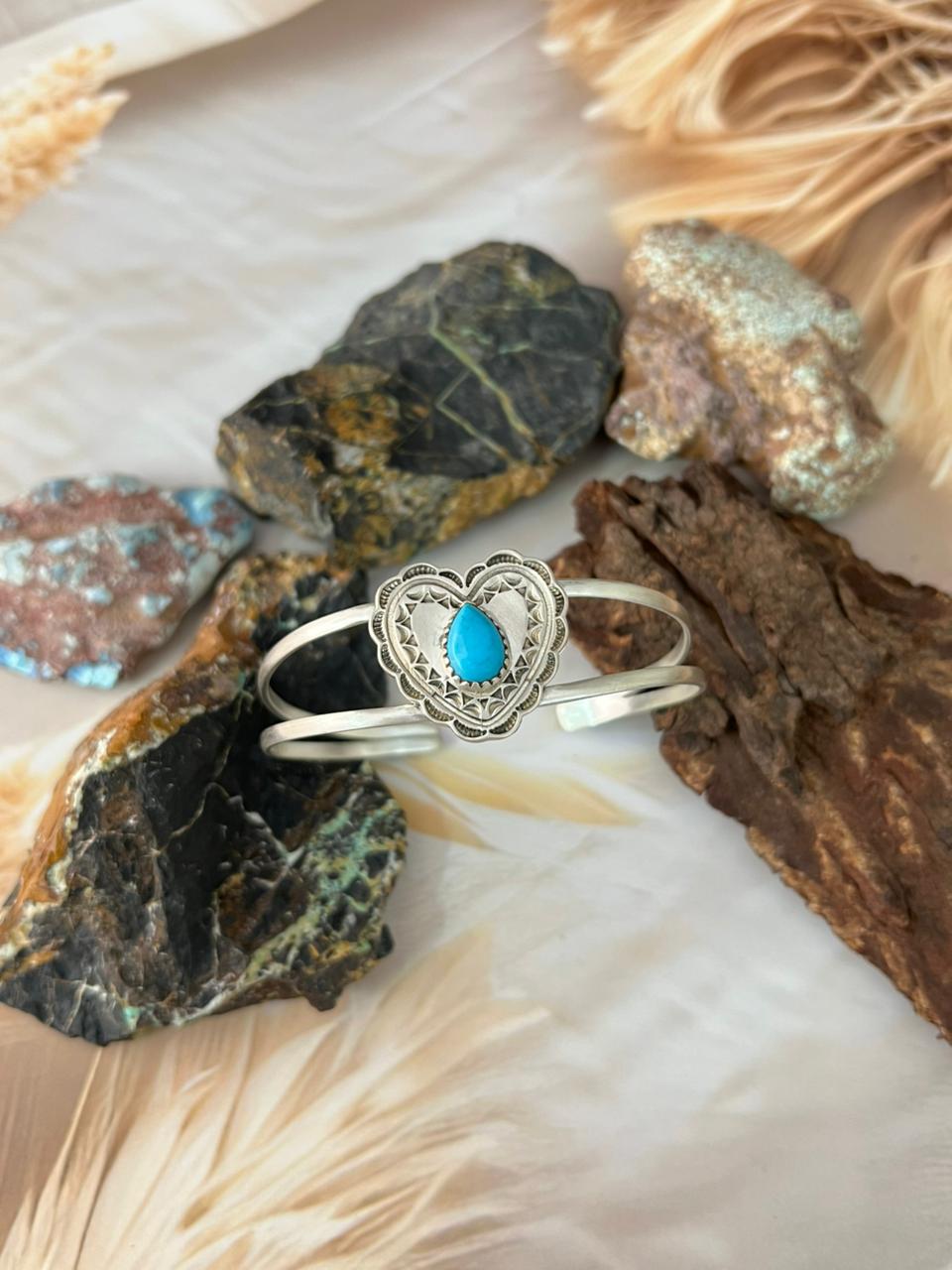 Handmade Sterling Silver Kingman Turquoise Heart Bracelet "Signed Nizhoni"