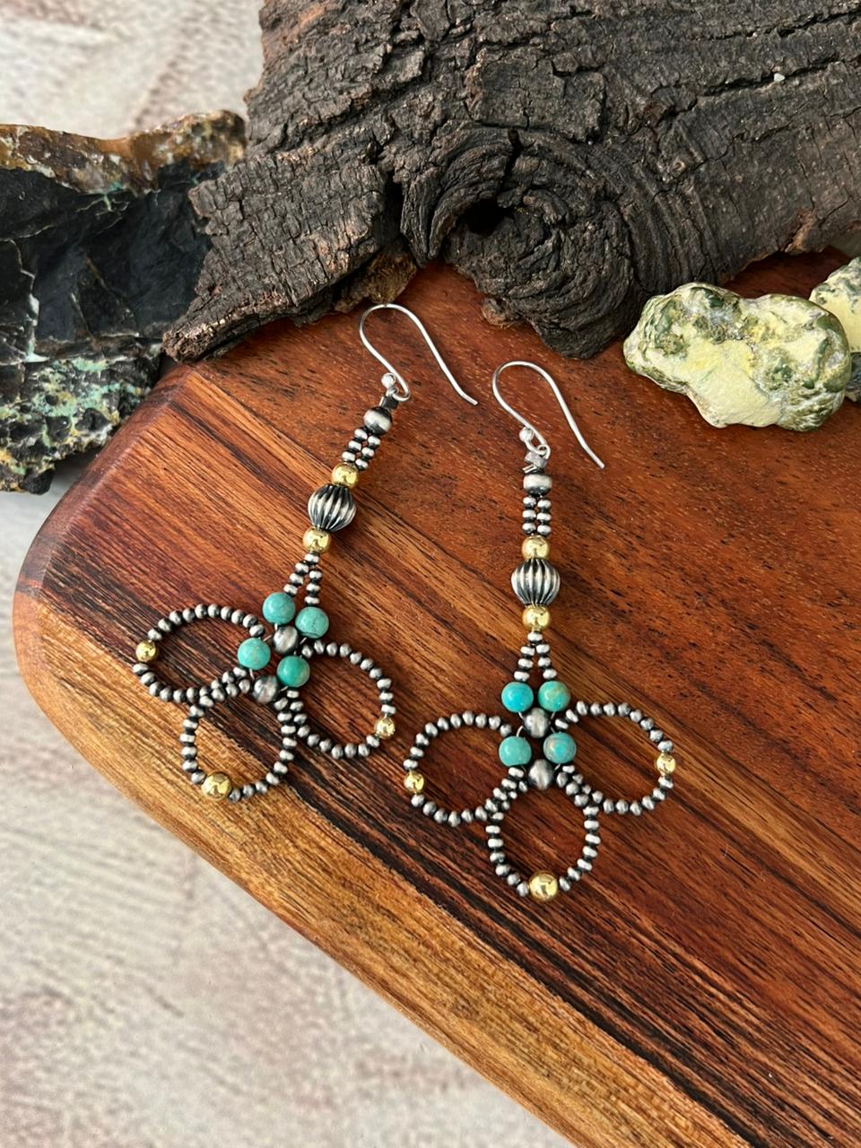 Handmade Sterling Silver Kingman Turquoise Hook Dangle Gold Beaded Earrings