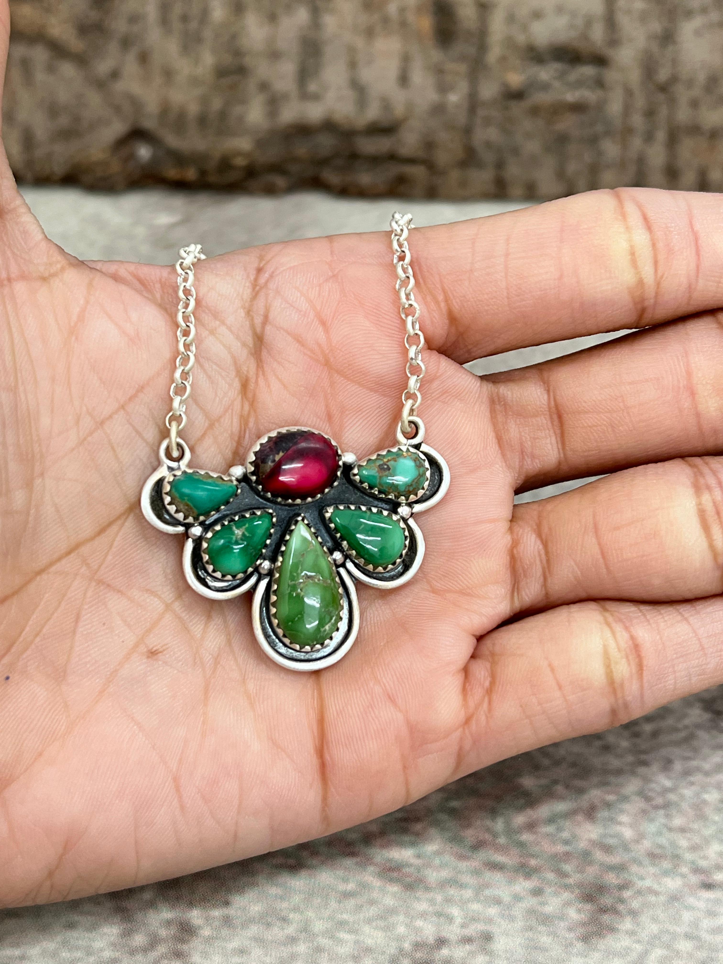 Handmade Sterling Silver Emerald Valley with Dahlia Rose Necklace with Signed Nizhoni