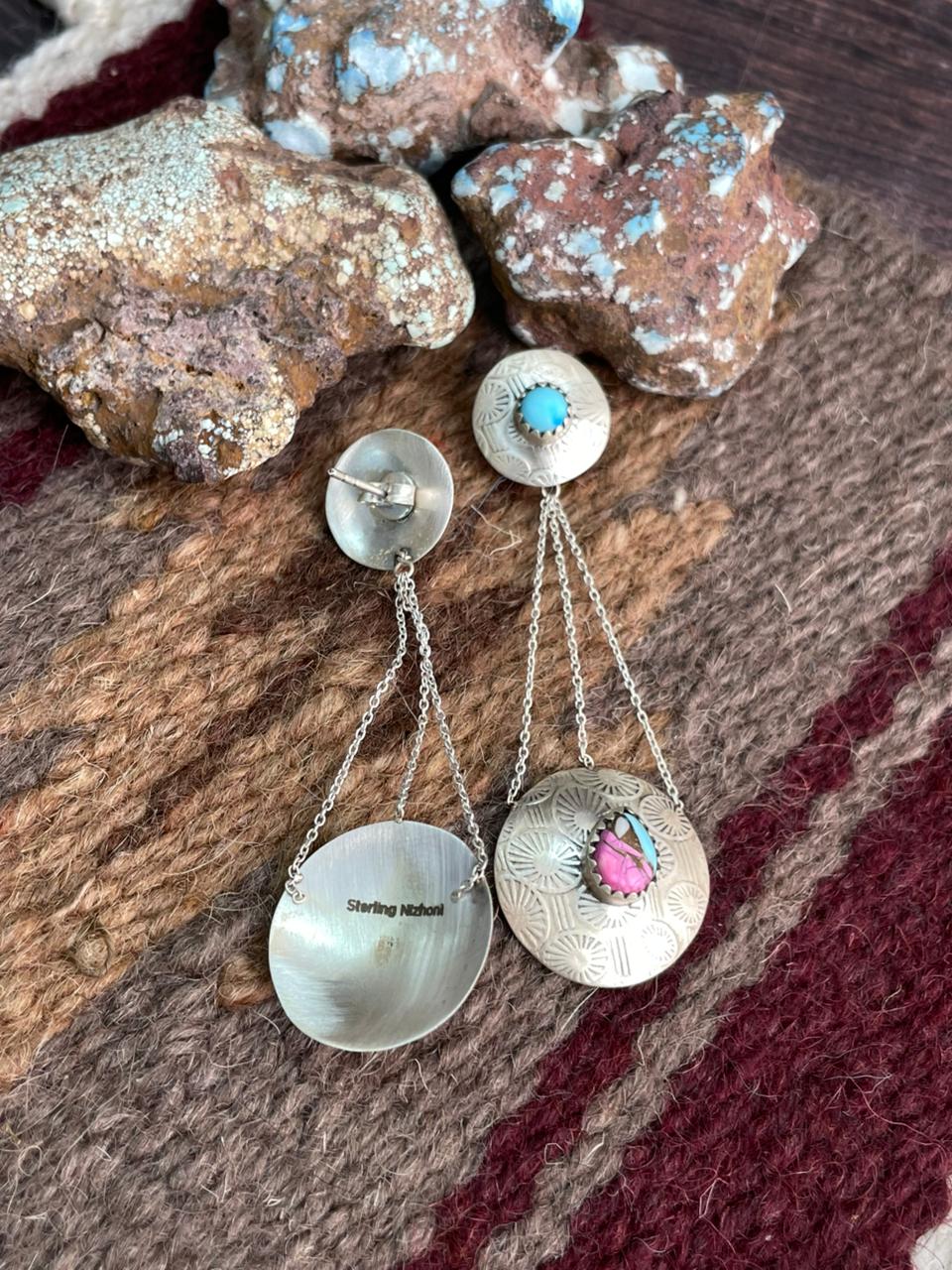Handmade Sterling Silver Cotton Candy Post Dangle Earrings "Signed Nizhoni"