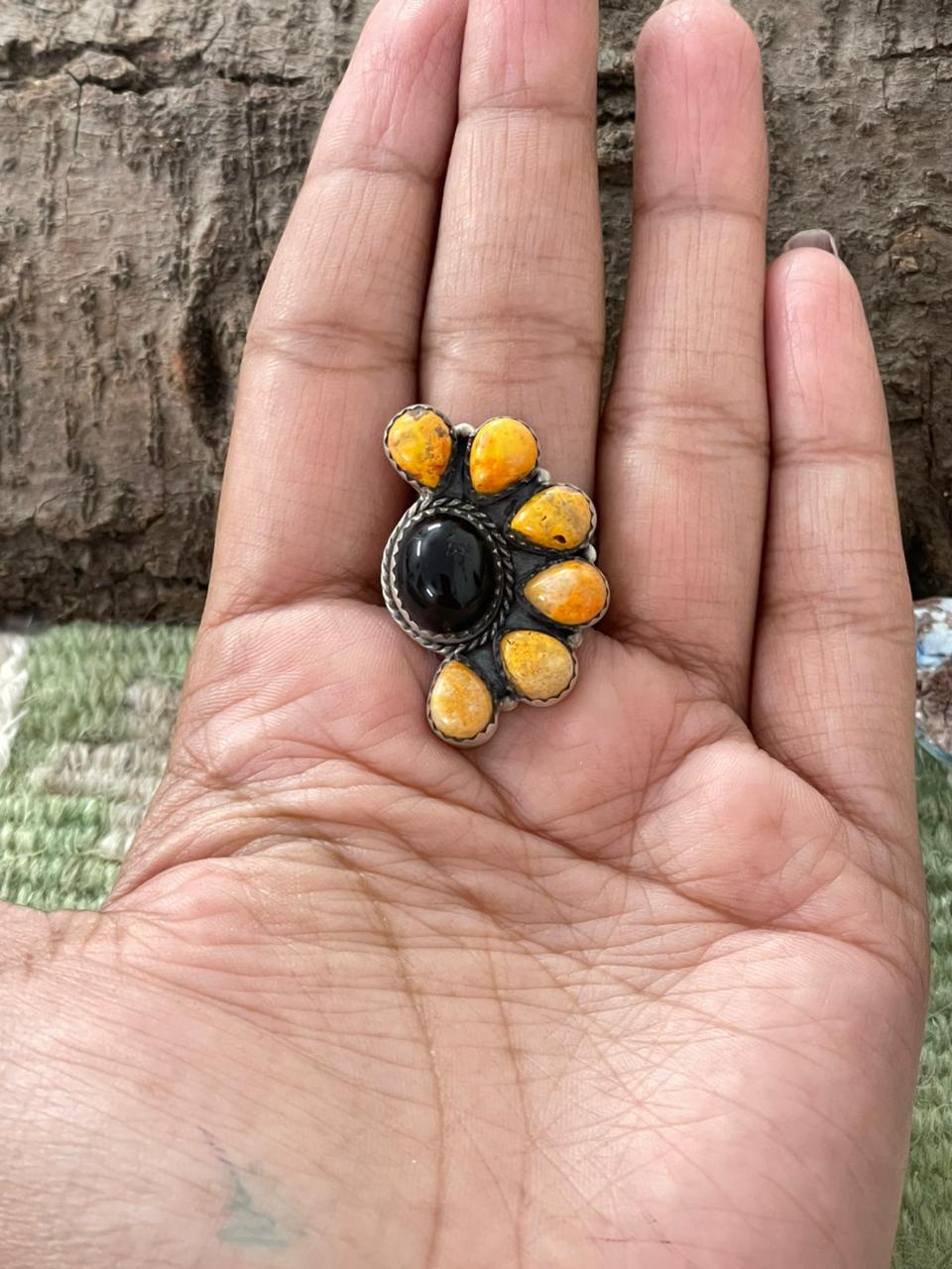 "Halloween Collection" Handmade Sterling Silver Black Onyx, Bumblebee Adjustable Ring with Signed Nizhoni