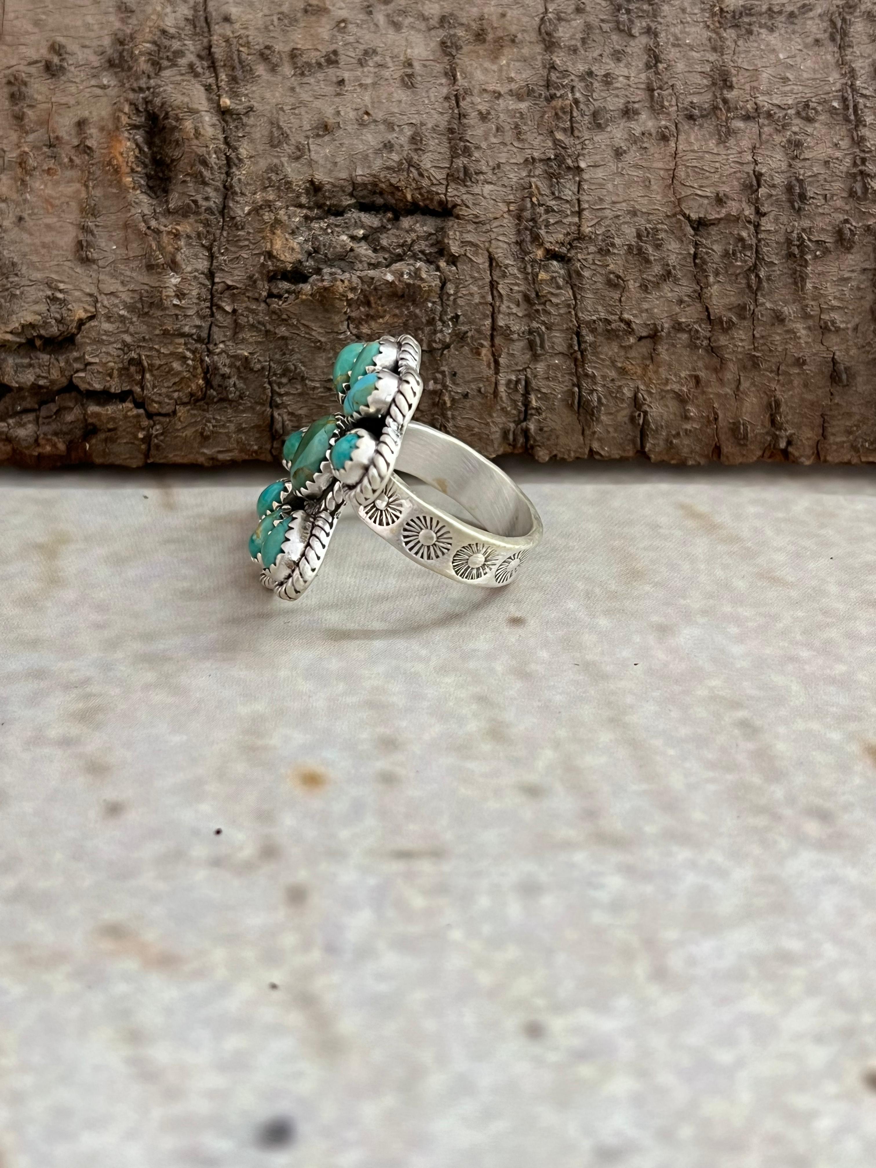 Handmade Sterling Silver Kingman Turquoise Adjustable Ring, Signed Nizhoni