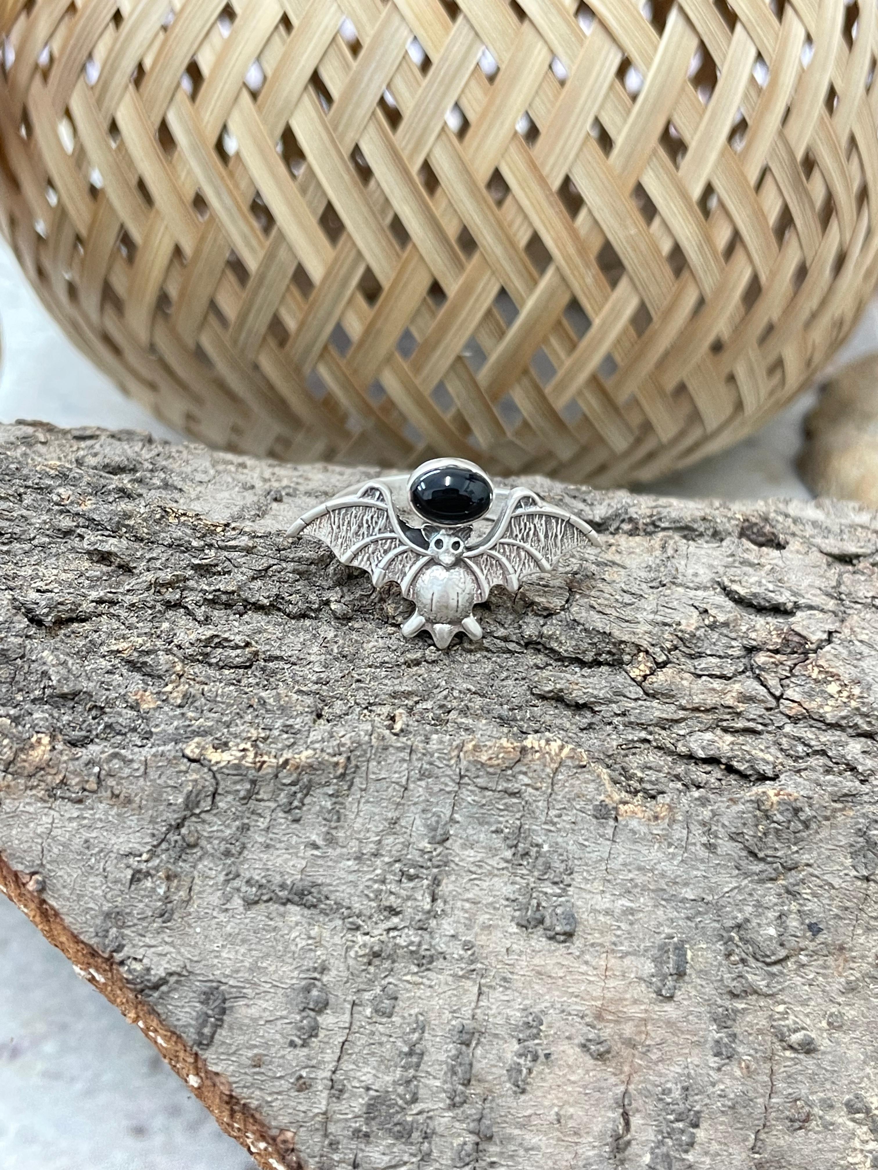 "Halloween Collection" Handmade Sterling Silver Black Onyx Bat Ring with Signed Nizhoni