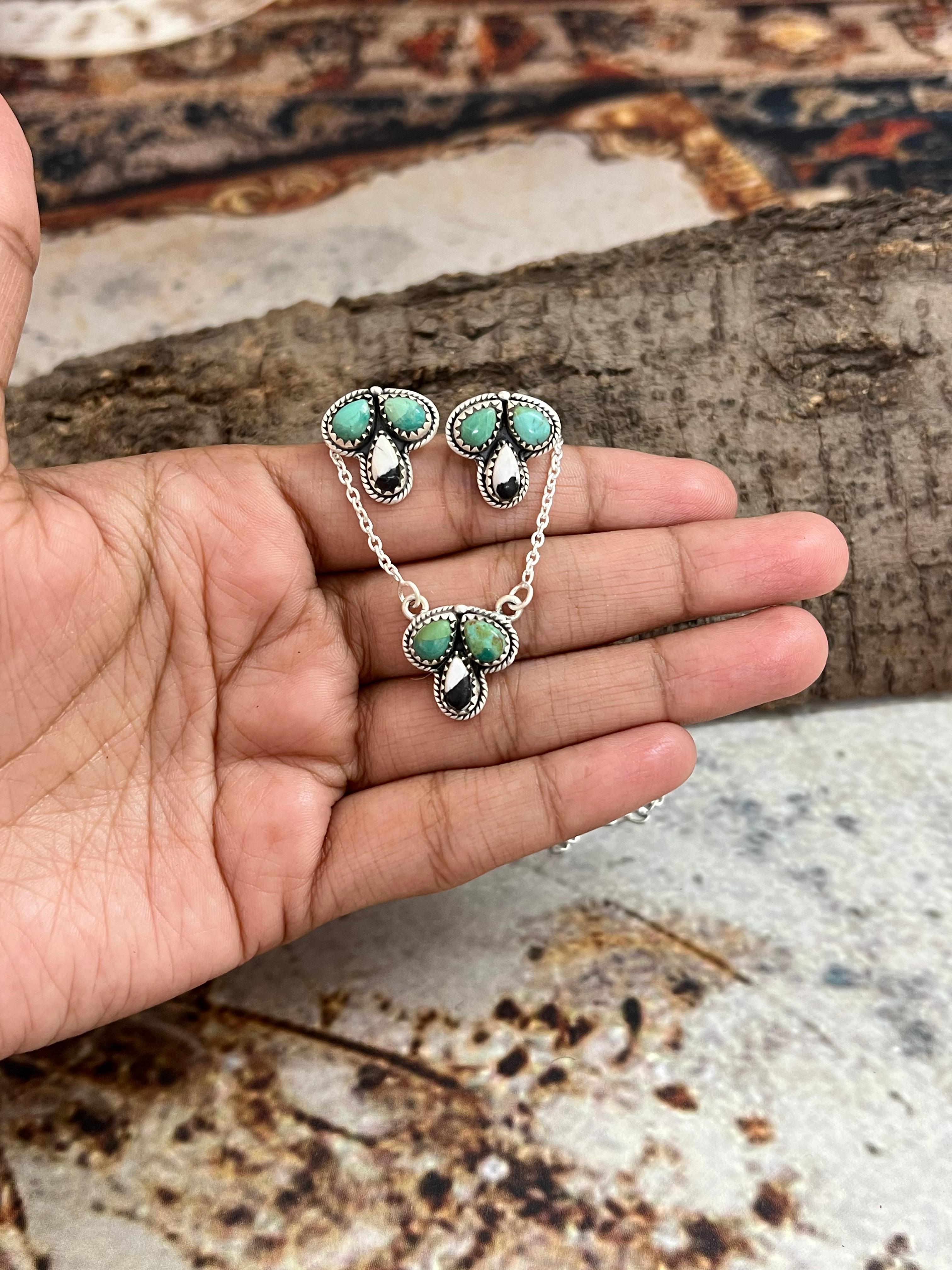 Handmade Sterling Silver White Buffalo with Kingman Turquoise Necklace Earrings Set, Signed Nizhoni