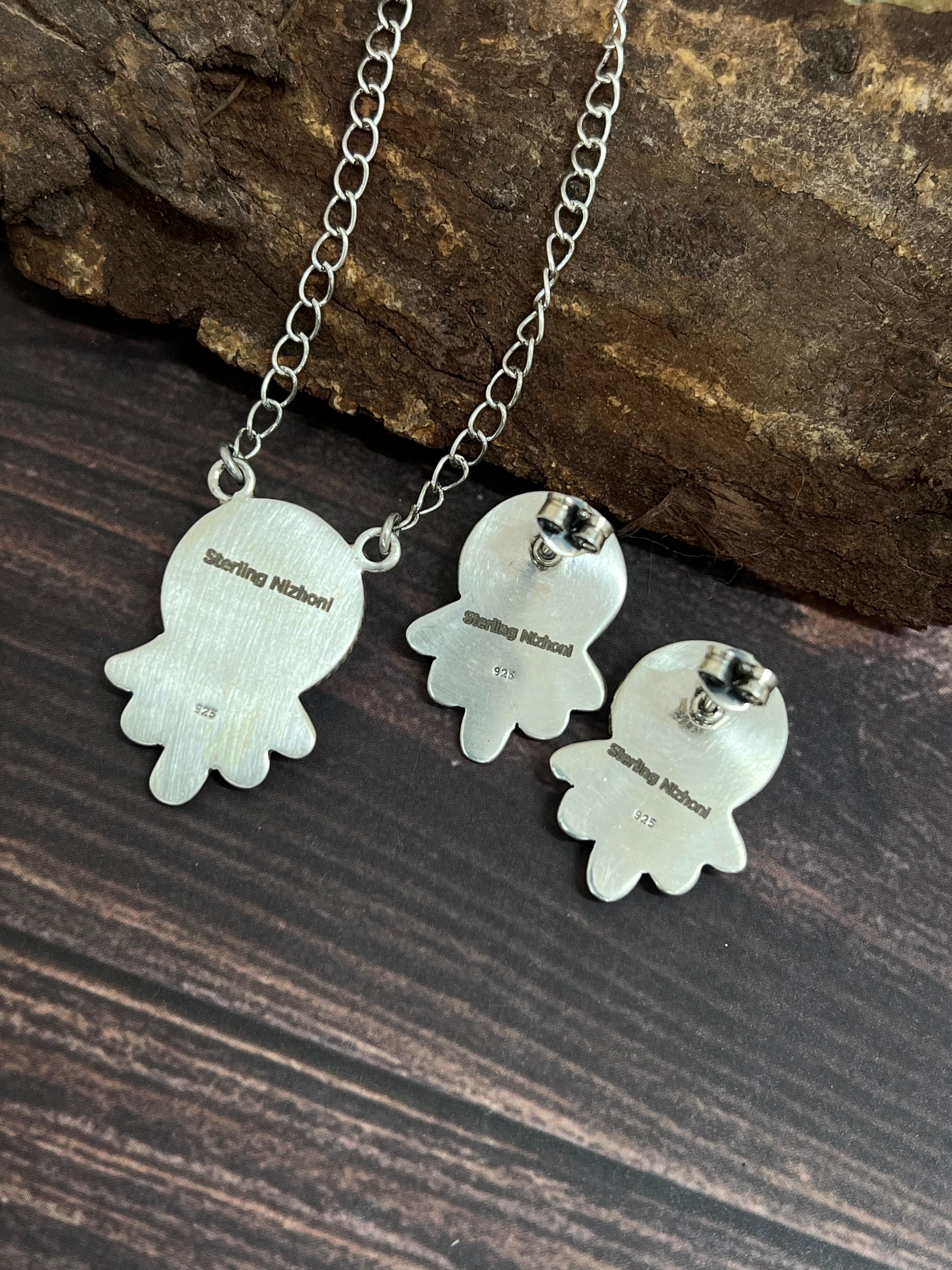 Handmade Sterling Silver South Hill Turquoise Necklace Earrings Set with Signed Nizhoni