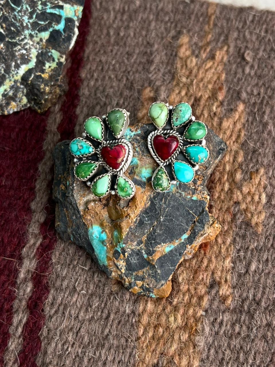 Handmade Sterling Silver Dahlia Rose with Emerald Valley Turquoise Post Earrings "Signed Nizhoni"