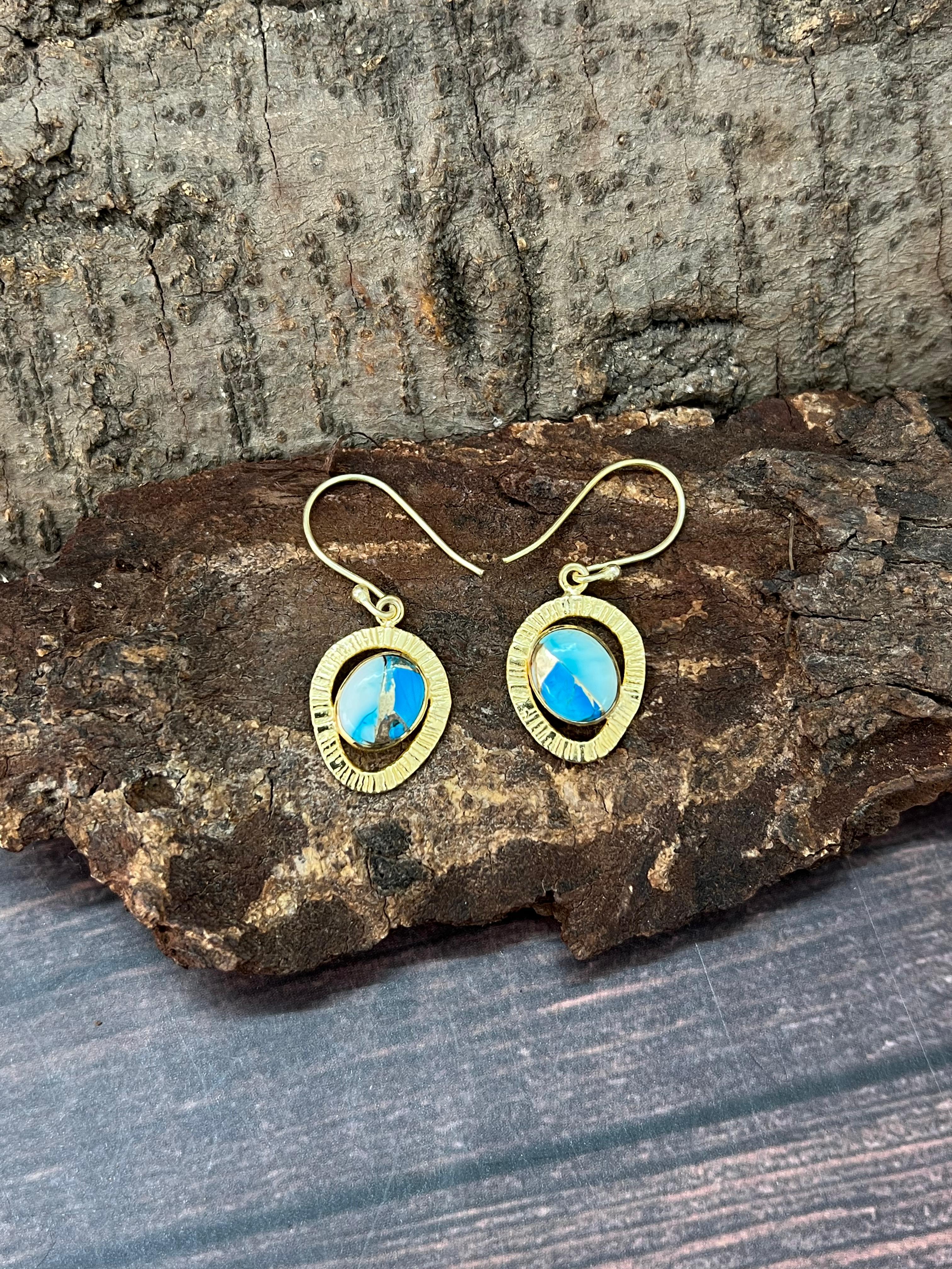 “The Golden Collection” Handmade Natural Blue Ice Dahlia Hook Dangle Earrings