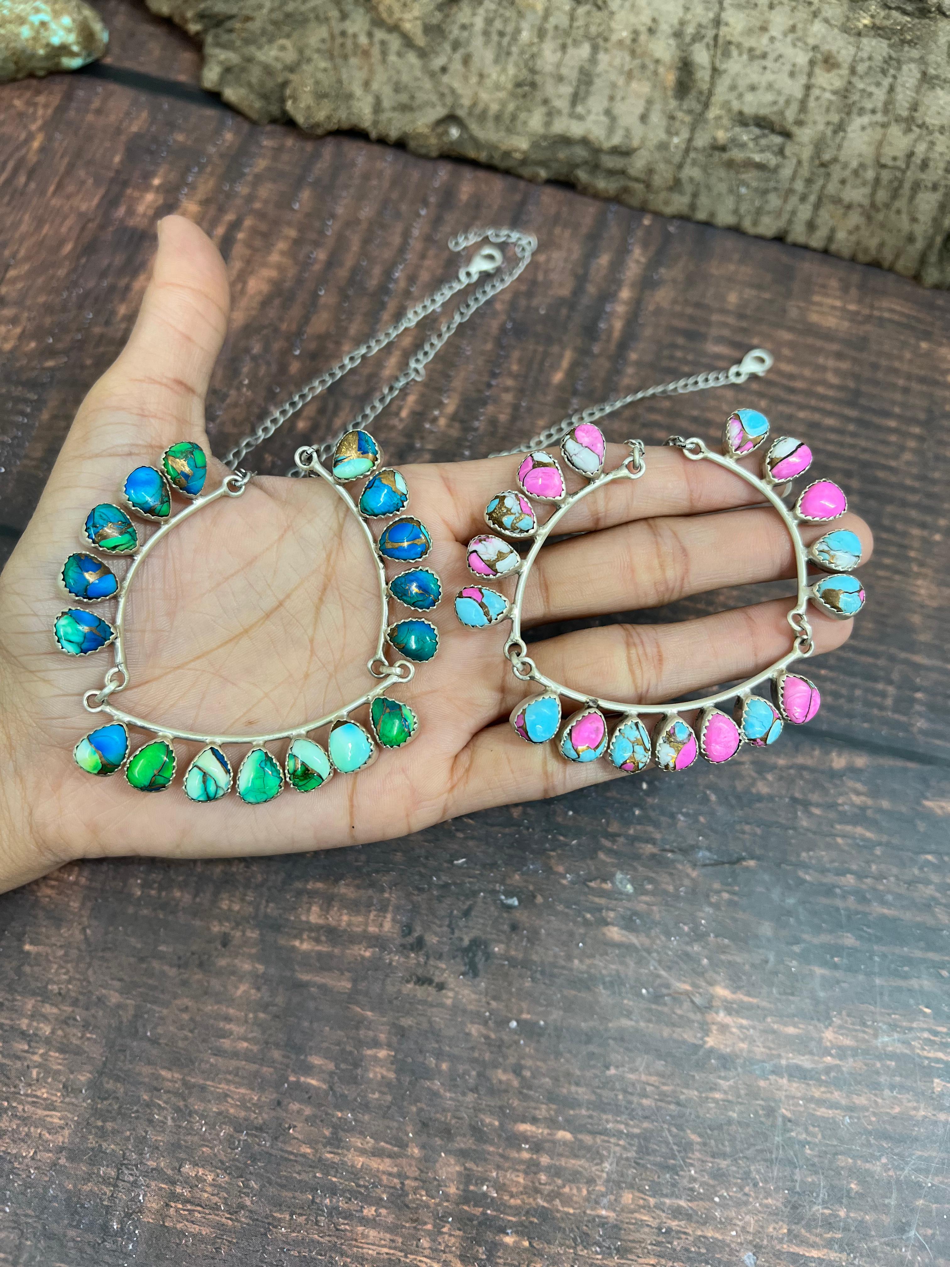 Handmade Sterling Silver Peacock Dahlia, Cotton Candy Turquoise Necklace with Signed Nizhoni