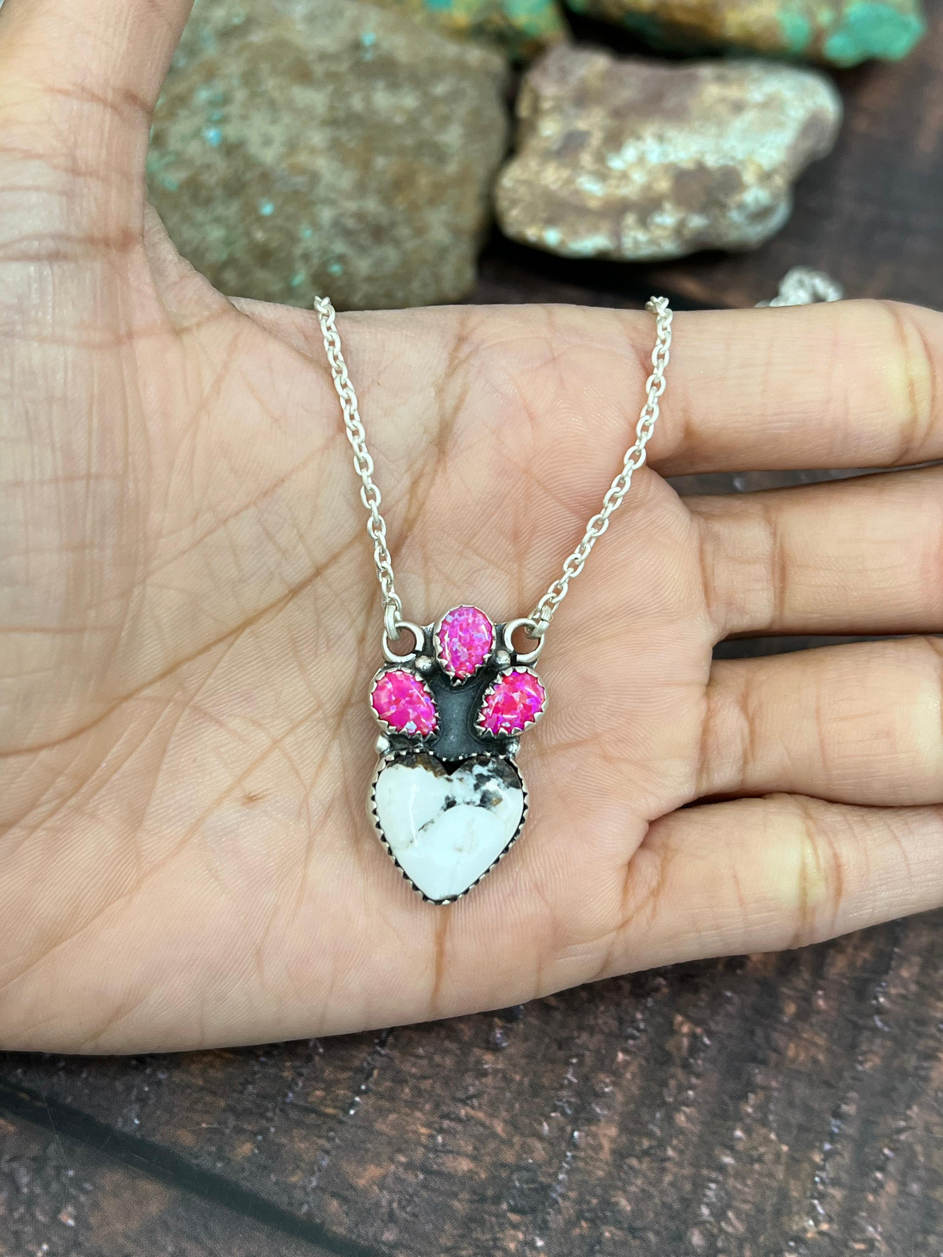 Handmade Sterling Silver Hot Pink, White Buffalo Turquoise Necklace with Signed Nizhoni