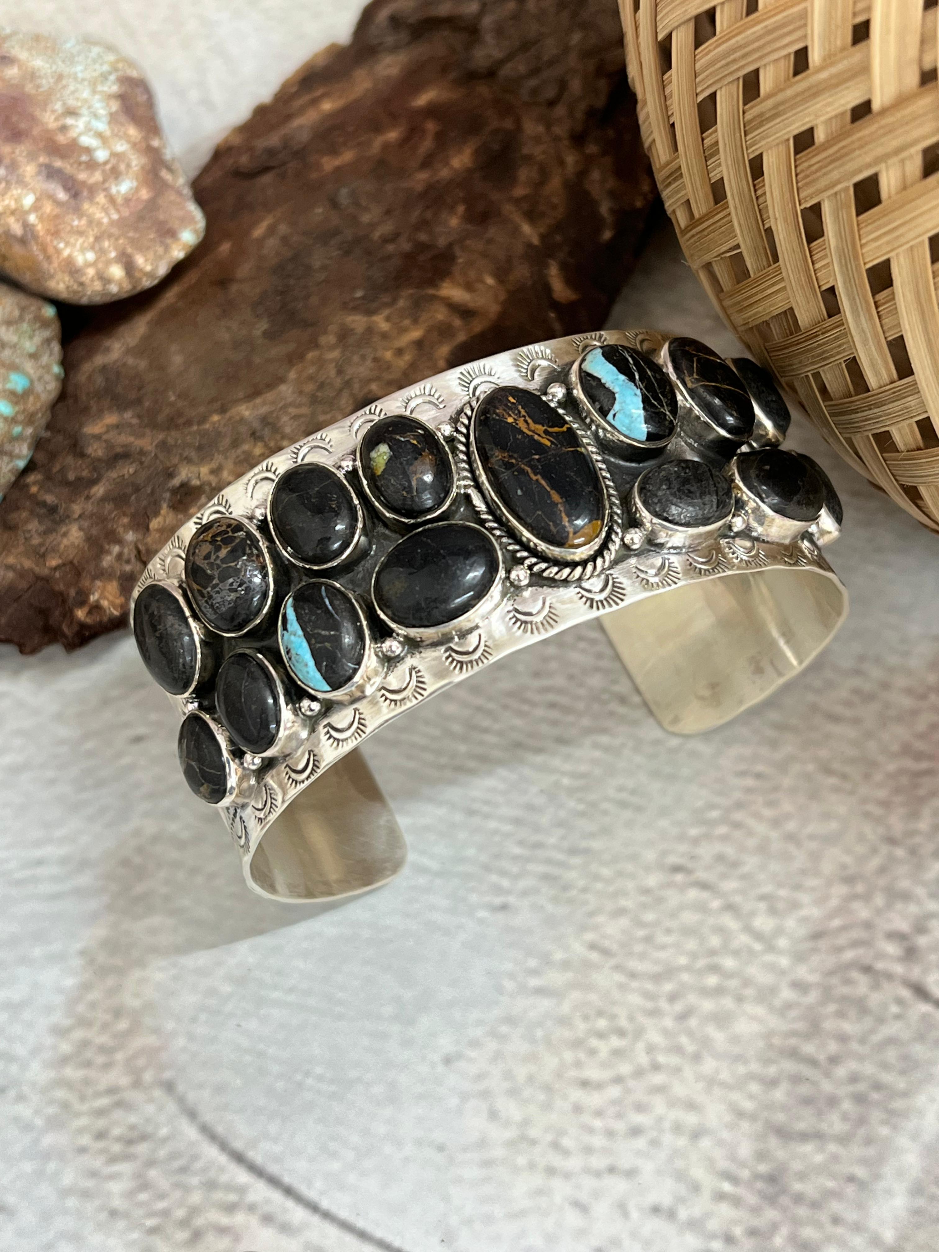 Handmade Sterling Silver Blackjack Turquoise Cuff Bracelet with Signed Nizhoni